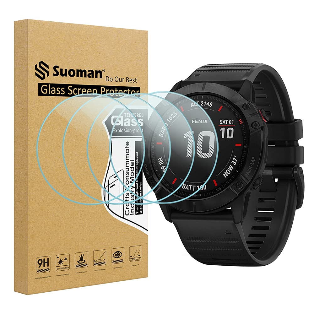 Suoman 4 Pack For Garmin Fenix 6X Pro / 6X Pro Solar / 6X Sapphire Screen Protector, 2.5D 9H Hardness Tempered Glass For Garmin 