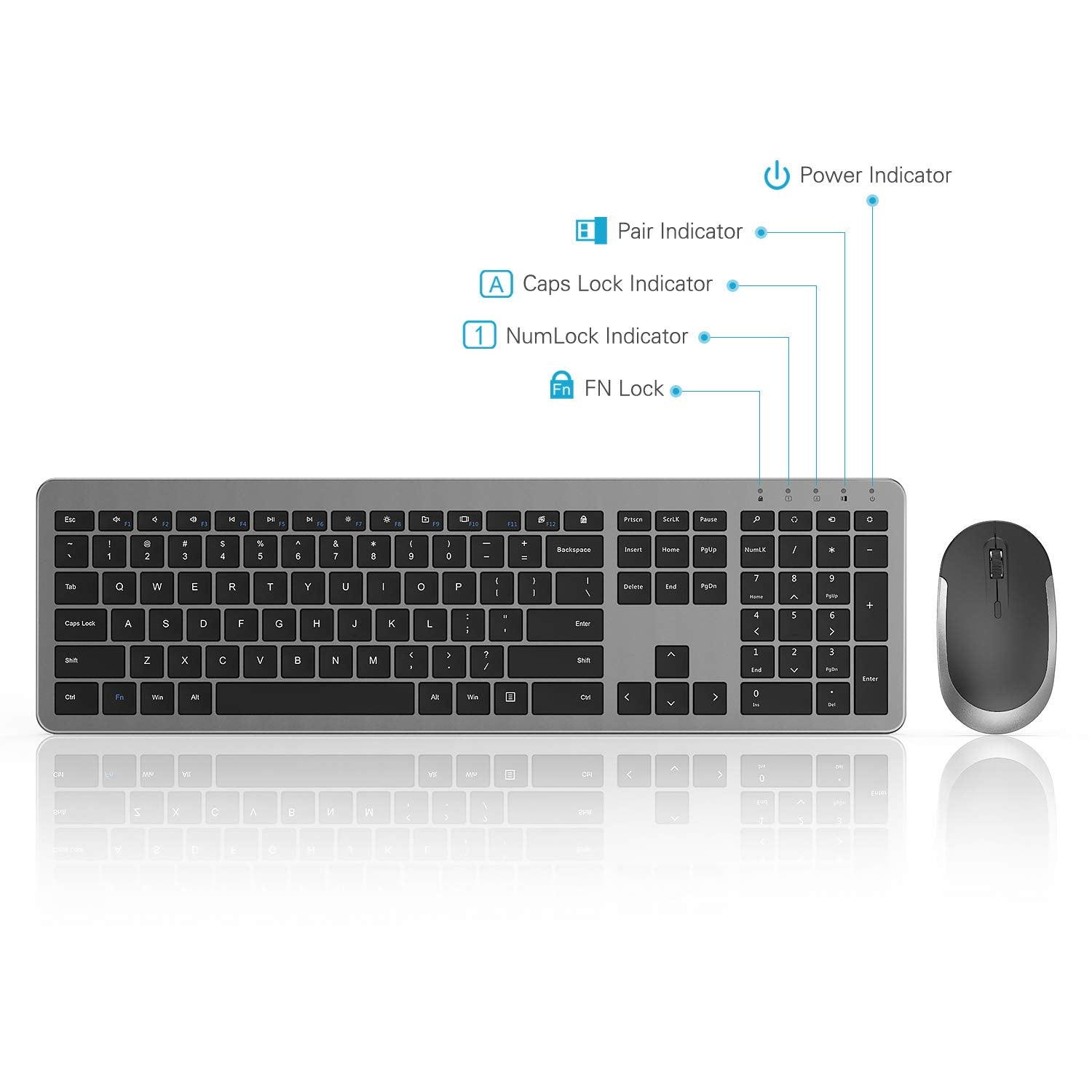 Wireless Keyboard And Mouse Combo   Full Size Slim Thin Wireless Keyboard Mouse With Numeric Keypad 2.4G Stable Connection Adjustable Dpi (Grey & Black)