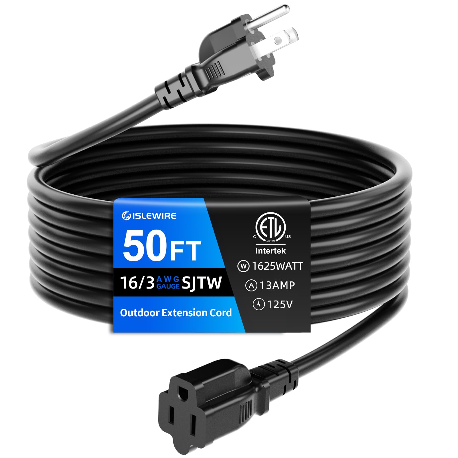 Islewire 50 Ft Outdoor Extension Cord Waterproof, Black, 3 Prong Power Cord, 16 Awg Sjtw, 13A 1625W, Grounded, General Purpose L