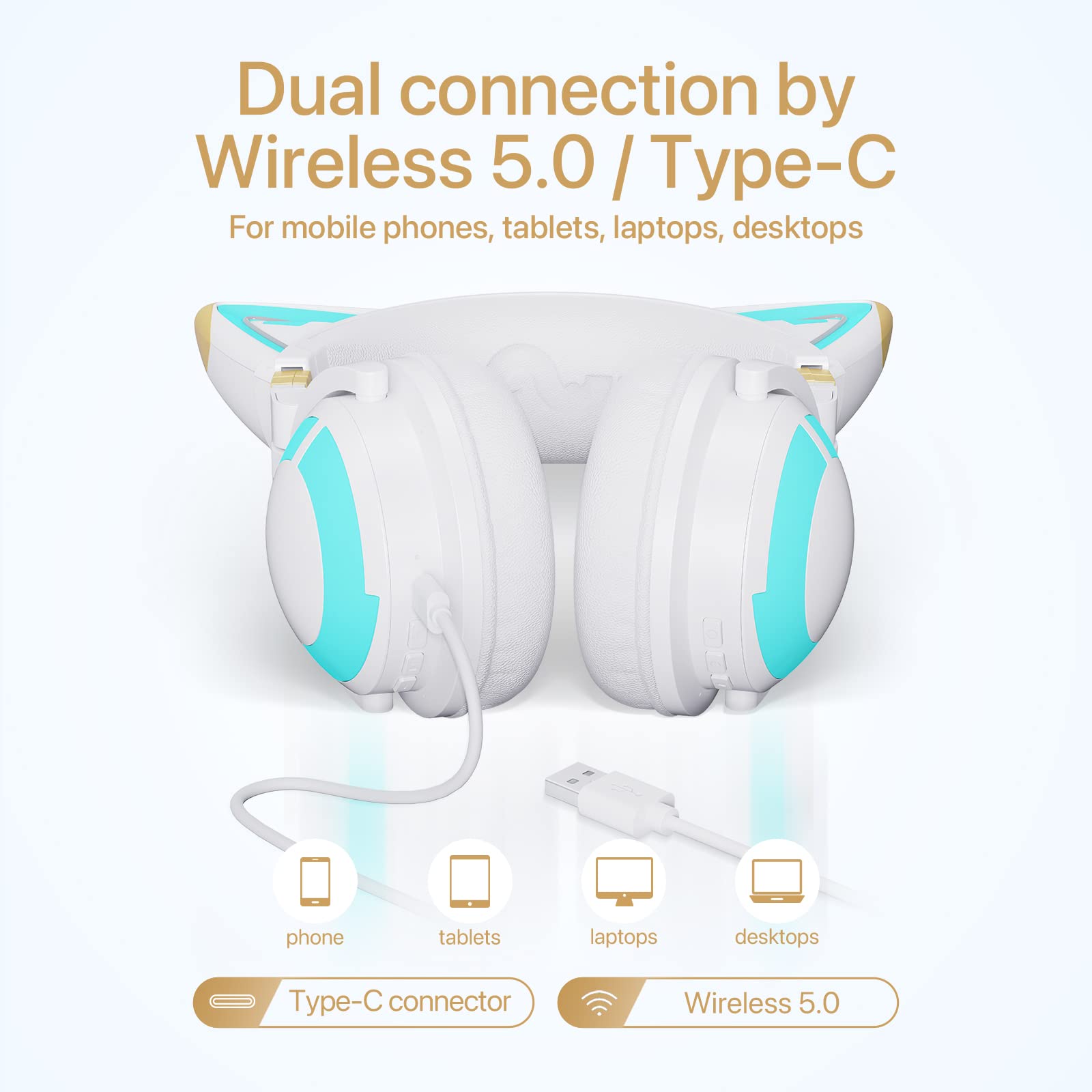 Yowu Cat Ear Headphones 3G, Rgb Wireless/Wired 5.0 Foldable Gaming Headset With 7.1 Surround Sound, Built-In Mic & Customizable