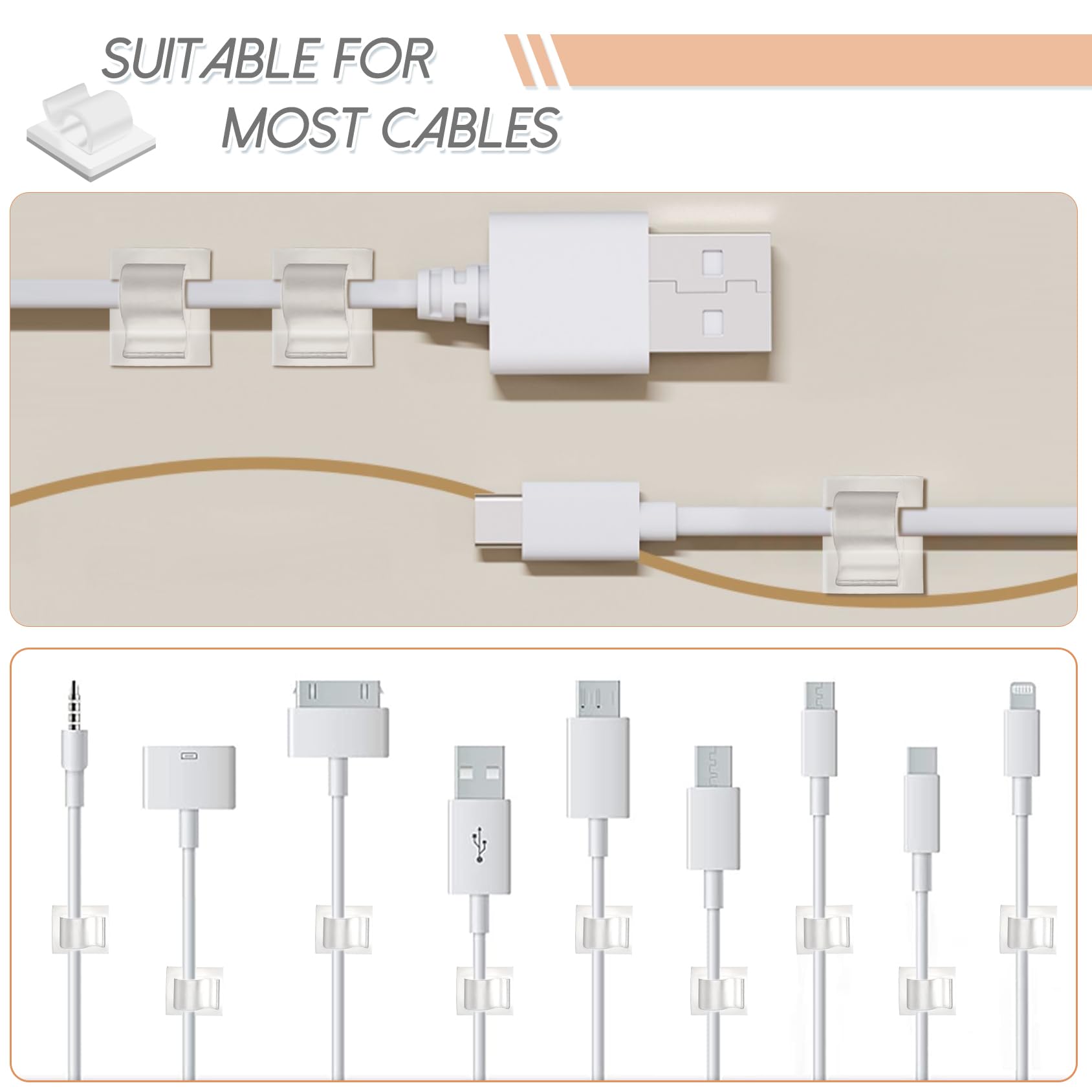 Xuuza 50Pcs Adhesive Cable Clips Nylon Clear Cord Organizer for Desk Wall Outdoor String Lights