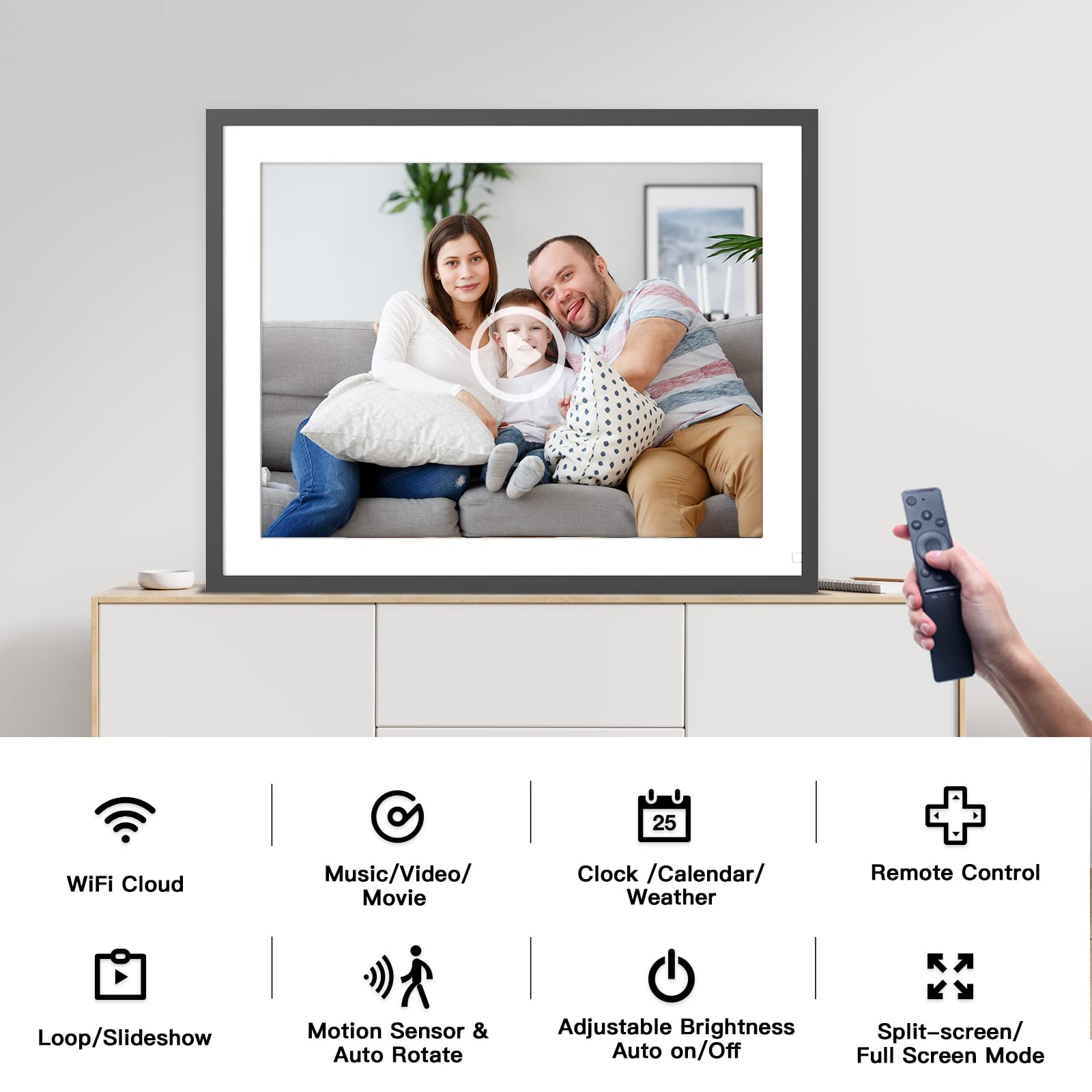 17'' Digital Picture Frame Large Electronic Photo Frame   32Gb Wall Mounted Wifi Smart Picture Frame, Touch Screen, Motion Senso