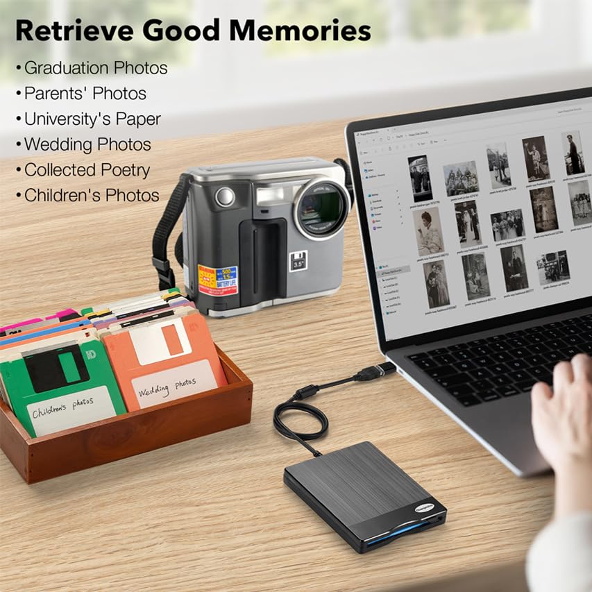 Chuanganzhuo 3.5 inch External USB A & C Floppy Disk Reader Drive PC Laptop Brushed Texture Black