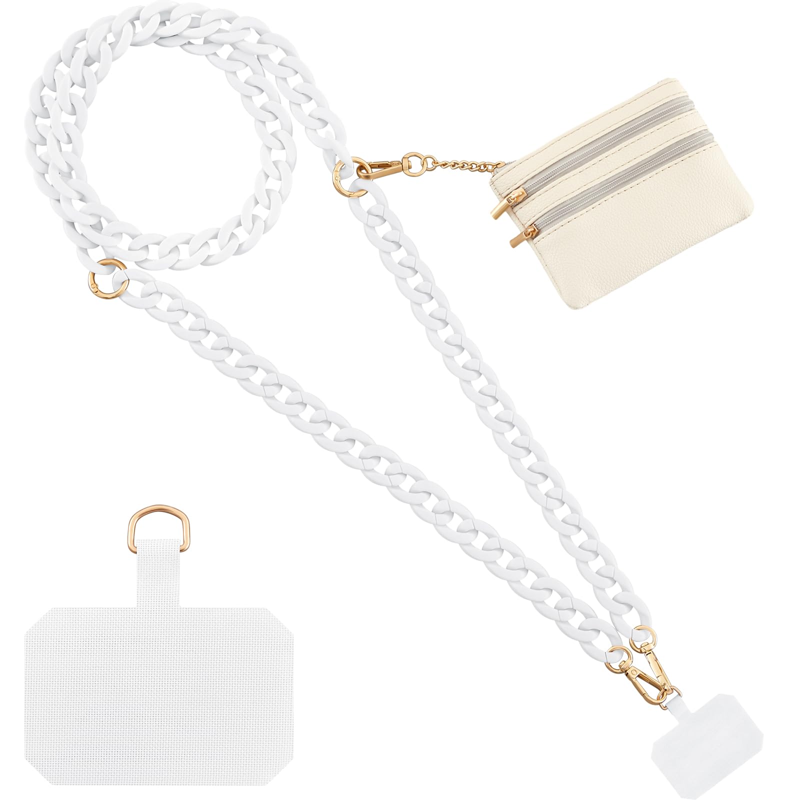 Bememo Clip and Go Strap for Phone with Wallet, Adjustable Crossbody Universal Phone Chains with Zippered Pouch for Women(White)