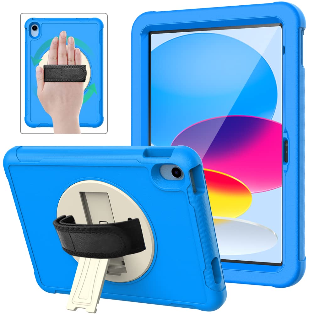 BMOUO iPad 10th Generation Case (10.9 inch, 2022) With Screen Protector - Shockproof Rotatable Hand Strap Stand for Kids, Toddle