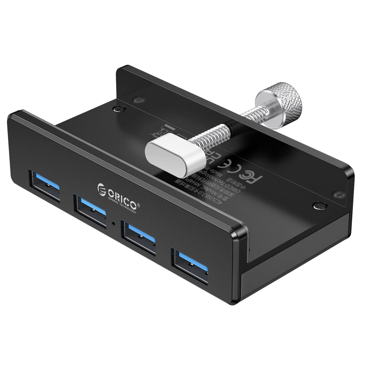 ORICO USB 3.0 Hub, USB Hub Clamp, Aluminum 4 Port USB Splitter with 4.92 FT USB Data Cable, Desktop Powered USB Hub for Monitors/Desks Black (Without Power Adapter)