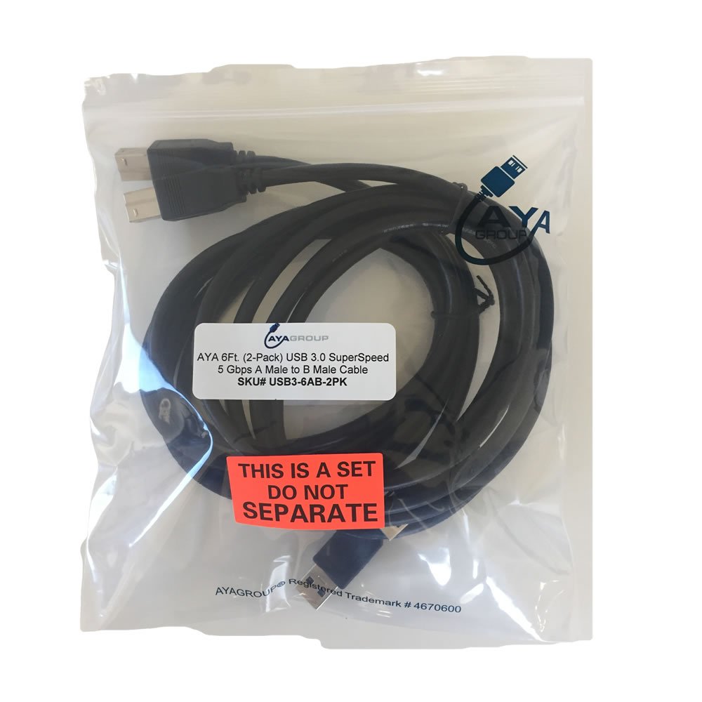 Aya 6Ft. (2-Pack) Usb 3.0 Superspeed 5 Gbps A Male To B Male Cable