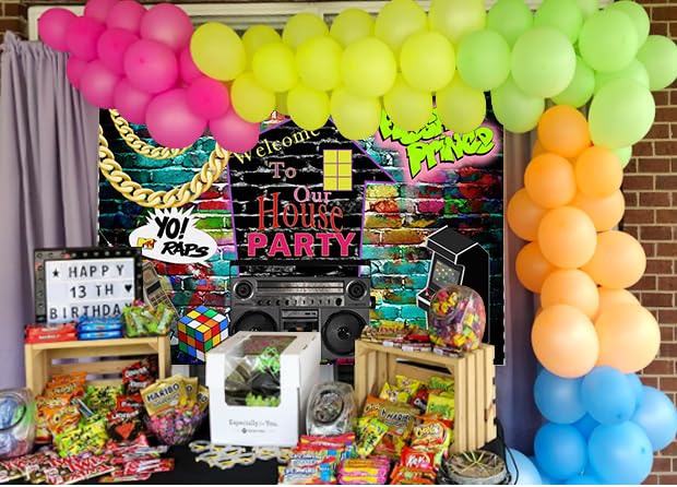 Mocsicka 90S House Party Backdrop Hip Hop 80'S 90'S Theme Party Decorations Graffiti Brick Wall Fresh Prince Retro Music Rock Punk 90S Background Banner Photo Studio Props(7X5Ft)
