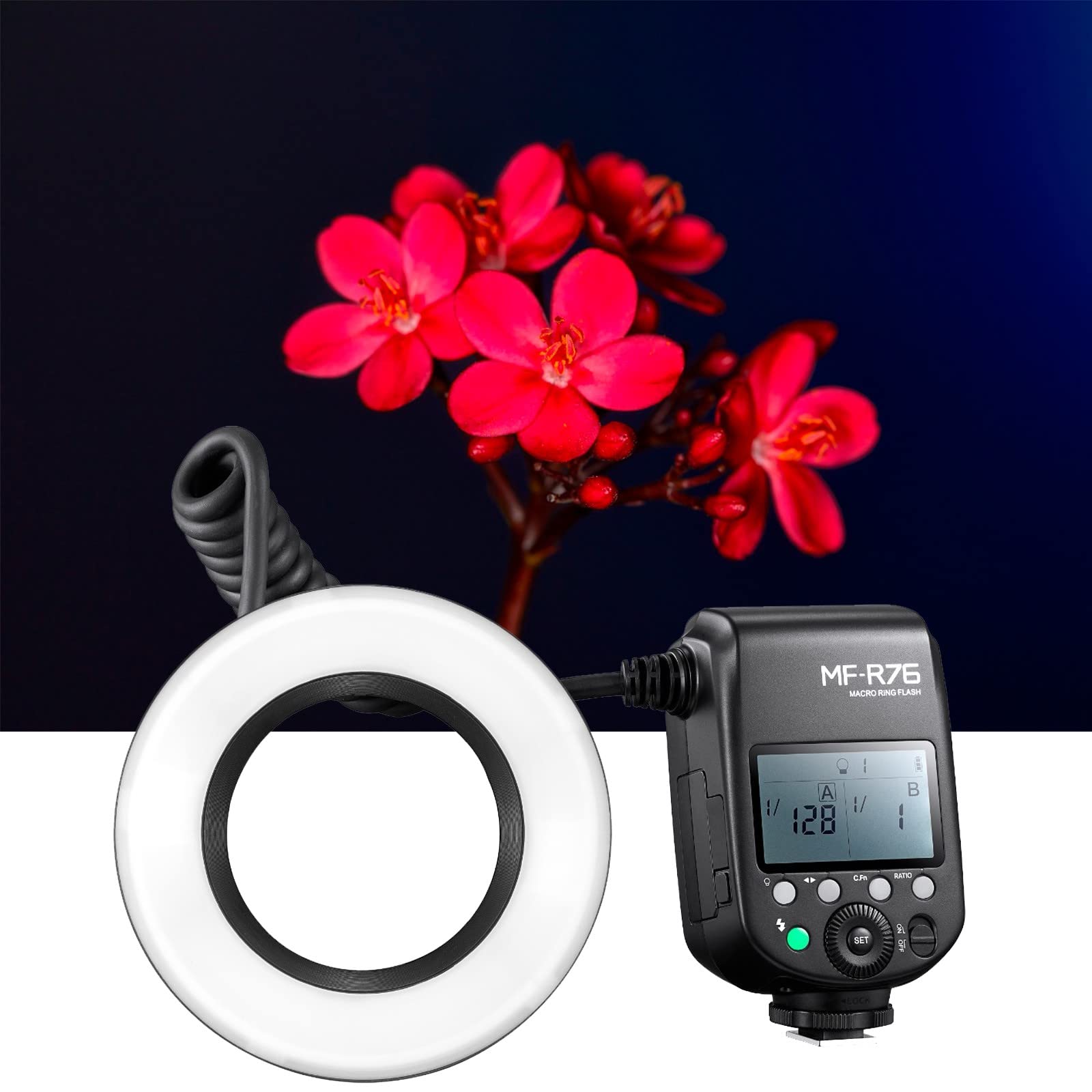 Godox Mf-R76 Macro Led Ring Flash Speedlite 76Ws 660 Full-Power Flashes Dual-Flash Tubes Power Adjustment 1/128 To 1/1 10 Levels