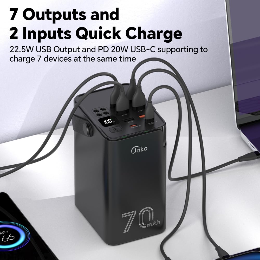 Joko 70000Mah Power Bank High Capacity 20W Pd 3.0 Fast Charging 22.5W Max Large Power Bank,7 Outputs 2 Inputs,Led Display,Usb-C