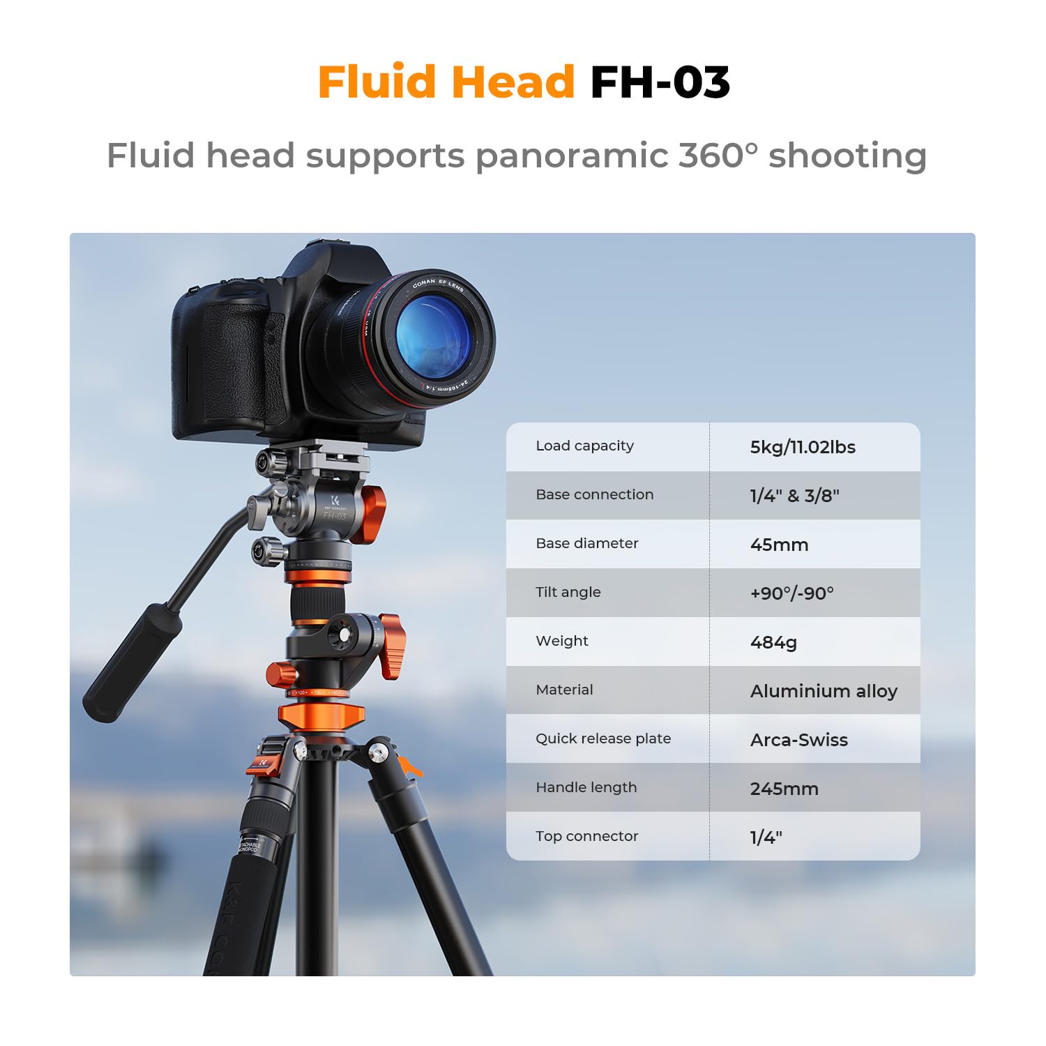 K&F Concept 90 Inch/230Cm Overhead Camera Tripod, Horizontal Shooting Video Tripods With Fluid Head Heavy Duty 10Kg Load Capacity, Detachable Monopod, For Indoor And Outdoor Use T254A7+Fh 03