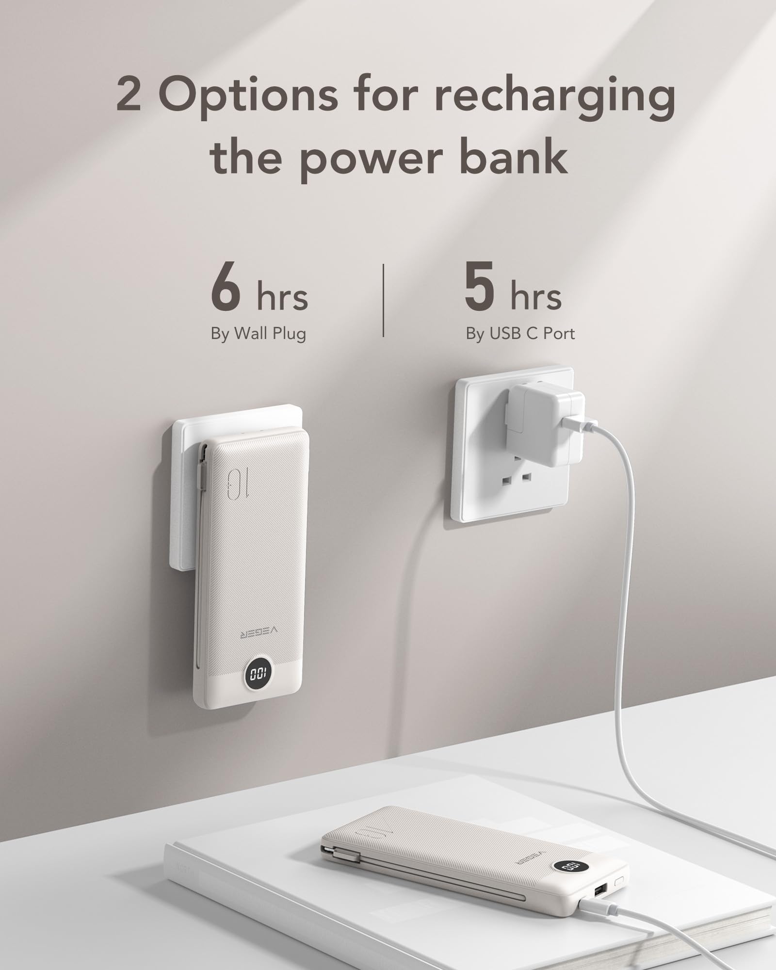 Veger Portable Charger For Iphone With Built In Cables And Wall Plug, 10000Mah Slim Fast Charging Usb C Power Bank, Travel Essen