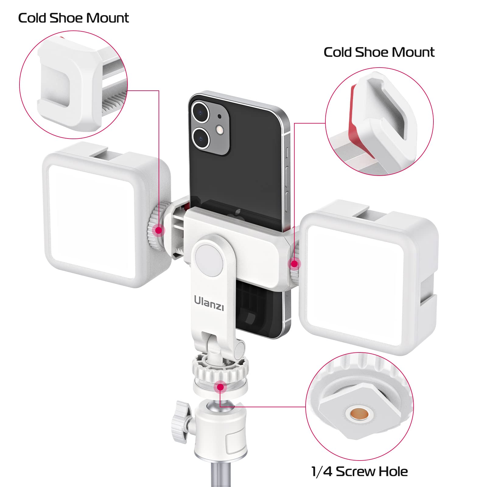 Ulanzi Phone Tripod Mount St 06S White, Universal Smartphone Mount Adapter With 2 Cold Shoe, 360    Rotates And Adjustable Cell