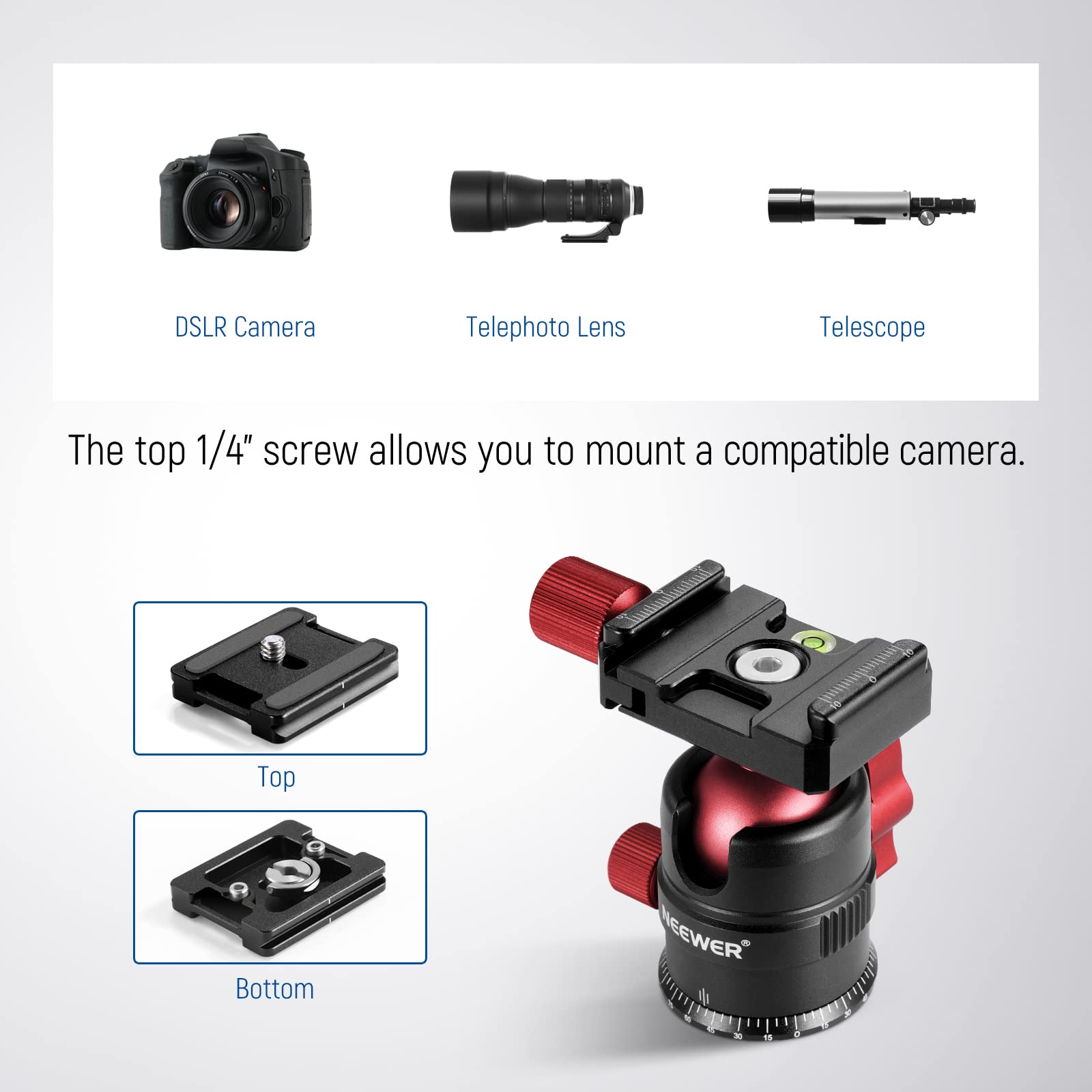 Neewer Tripod Head, 360 Rotating Panoramic Ball Head With 1/4    Quick Shoe Plate For Tripod Monopod Slider Dslr Camera Camcorde