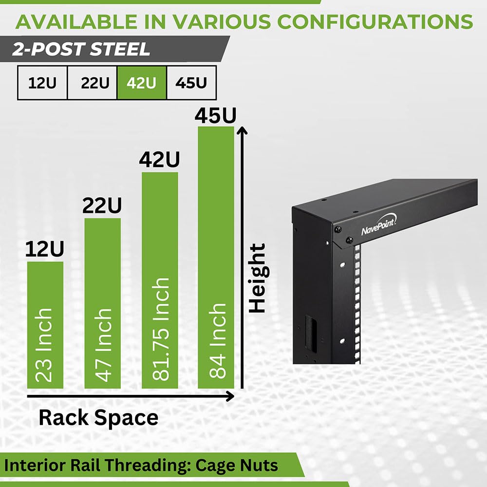 Navepoint 42U 2 Post Open Frame Server Rack With Casters For 19 Inch Equipment, Networking, And It Devices, 2 Post Rack 330Lbs W