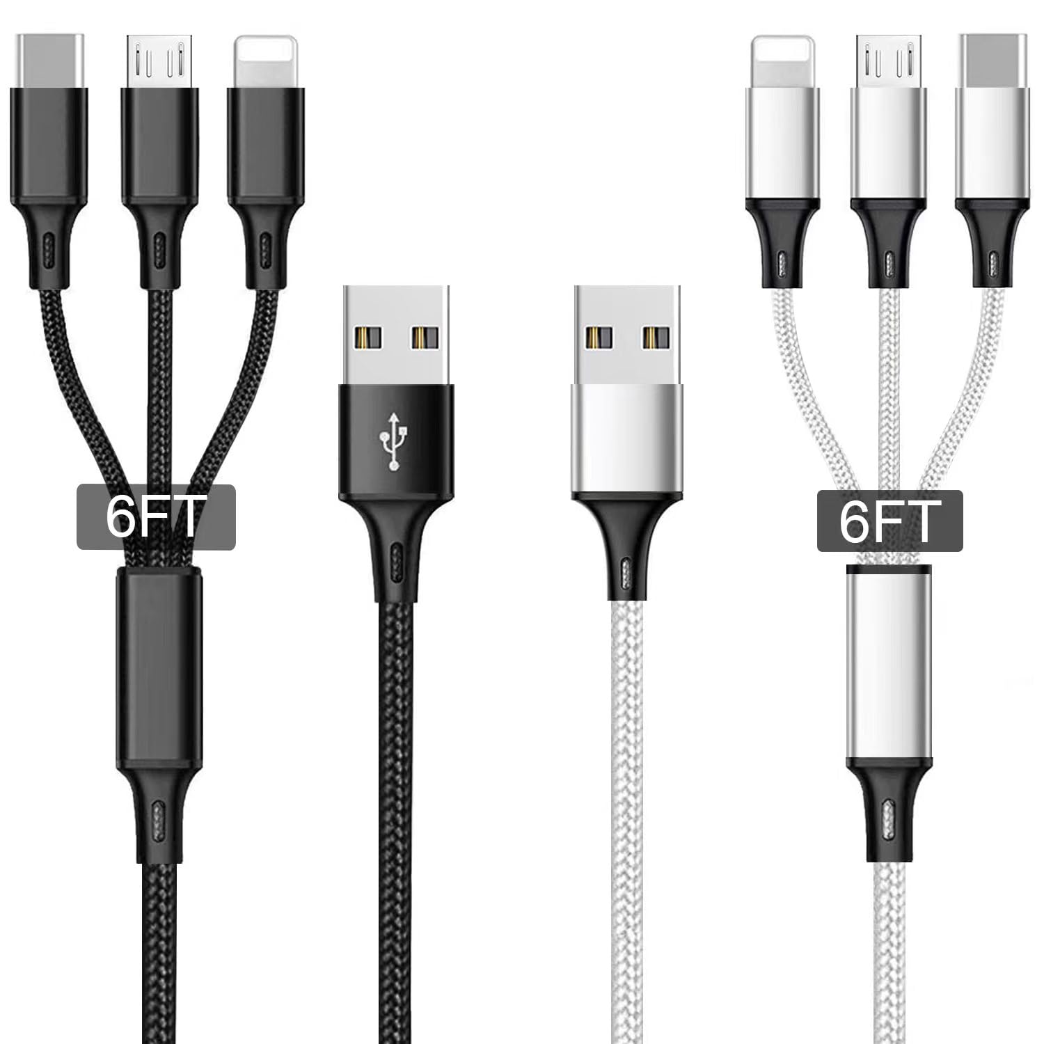 Multi Usb Charging Cable 3A, (2Pack 6.6Ft)3 In 1 Fast Charger Cord Connector With Dual Phone/Type C/Micro Usb Port Adapter, Compatible With Tablets Phone 12 11 Pro 8 7 6 Samsung Galaxy(Charging Only)