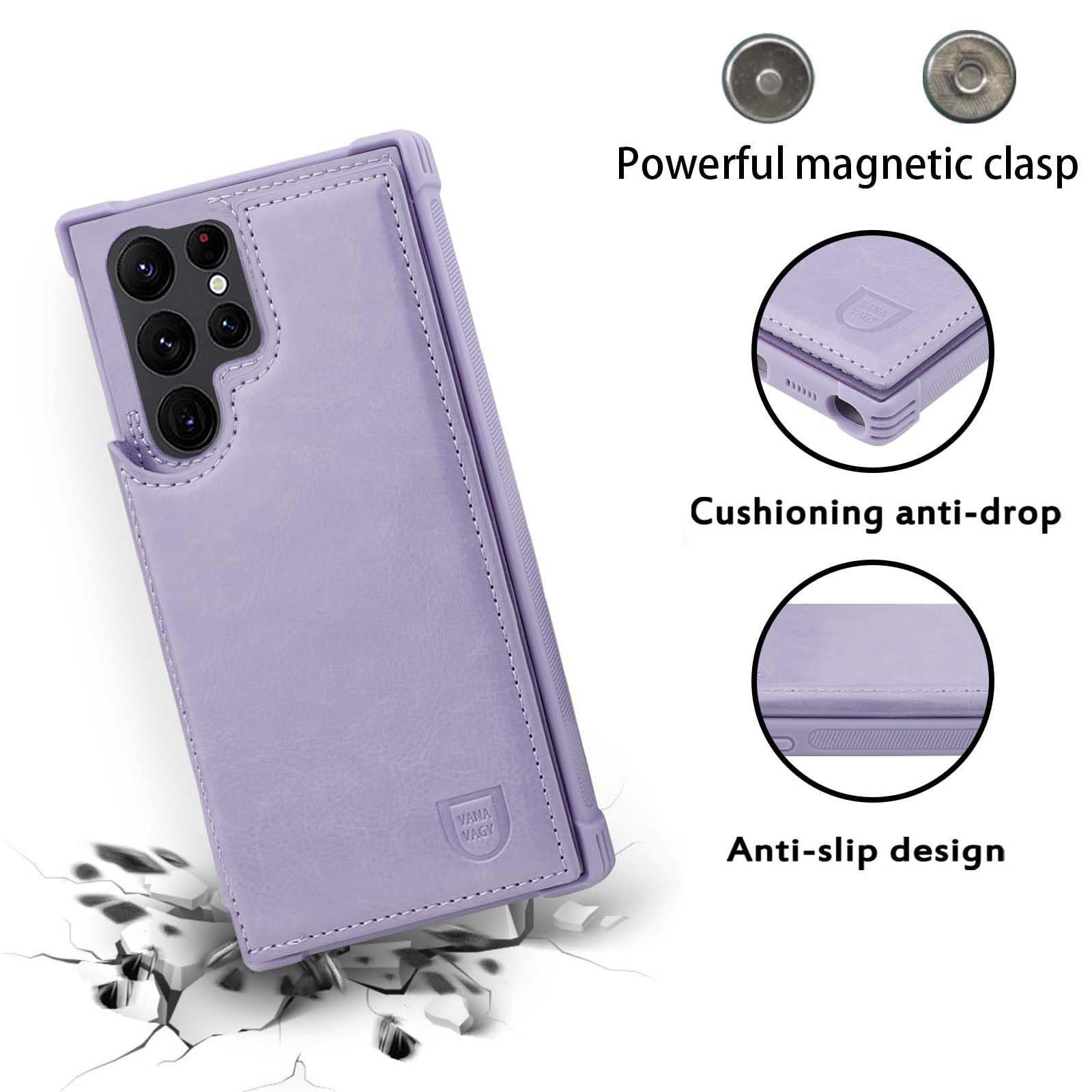 Vanavagy Wallet Case Compatible For Galaxy S23 Ultra For Women Men, Pu Leather Flip Folio Phone Case Cover Fits Magnetic Car Mou