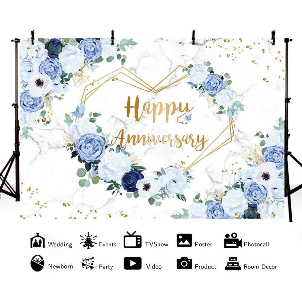 Mehofond 7X5Ft Happy Anniversary Backdrop Blue And White Floral Wedding Anniversary Photography Background Hearts Geometric Coup