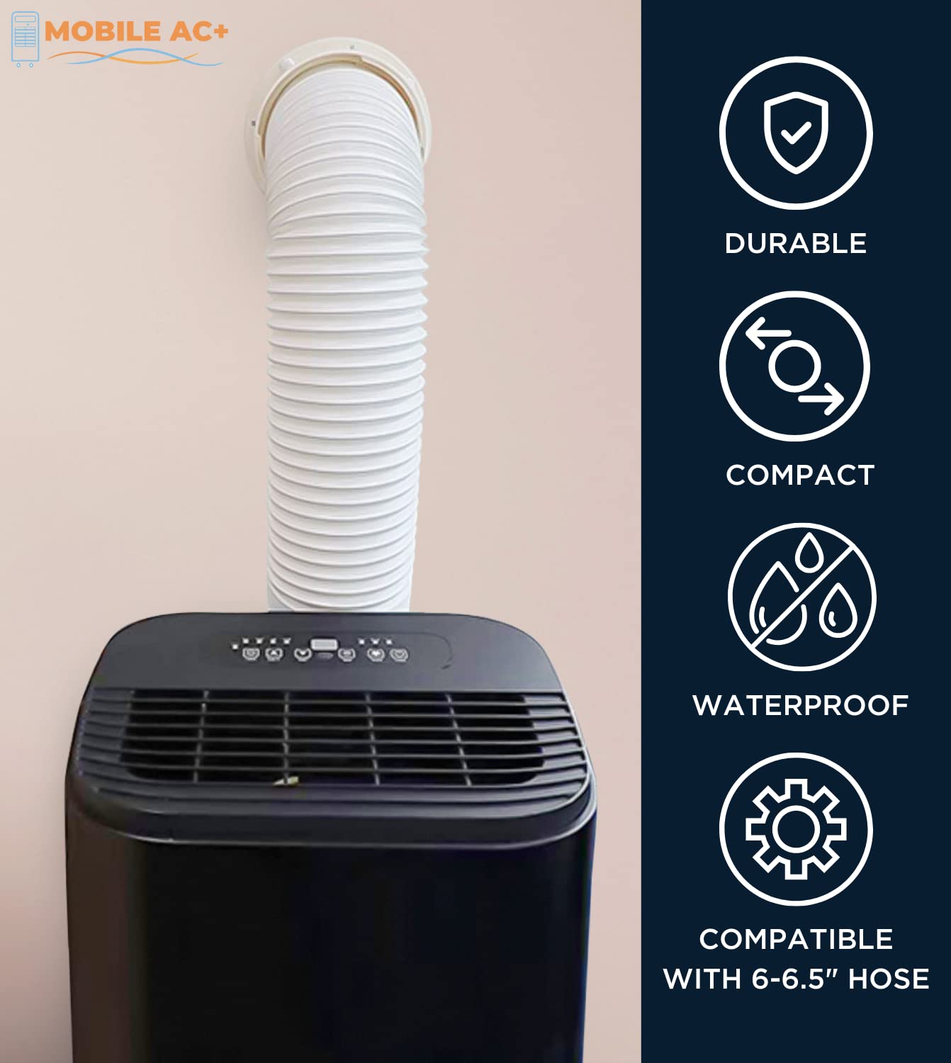 Mobile Ac+ Dual Size Wall Mount Connector For Portable Ac Vent, 6 And 6.5 Inches Hose Compatible, White, Cover Plug Included, Om