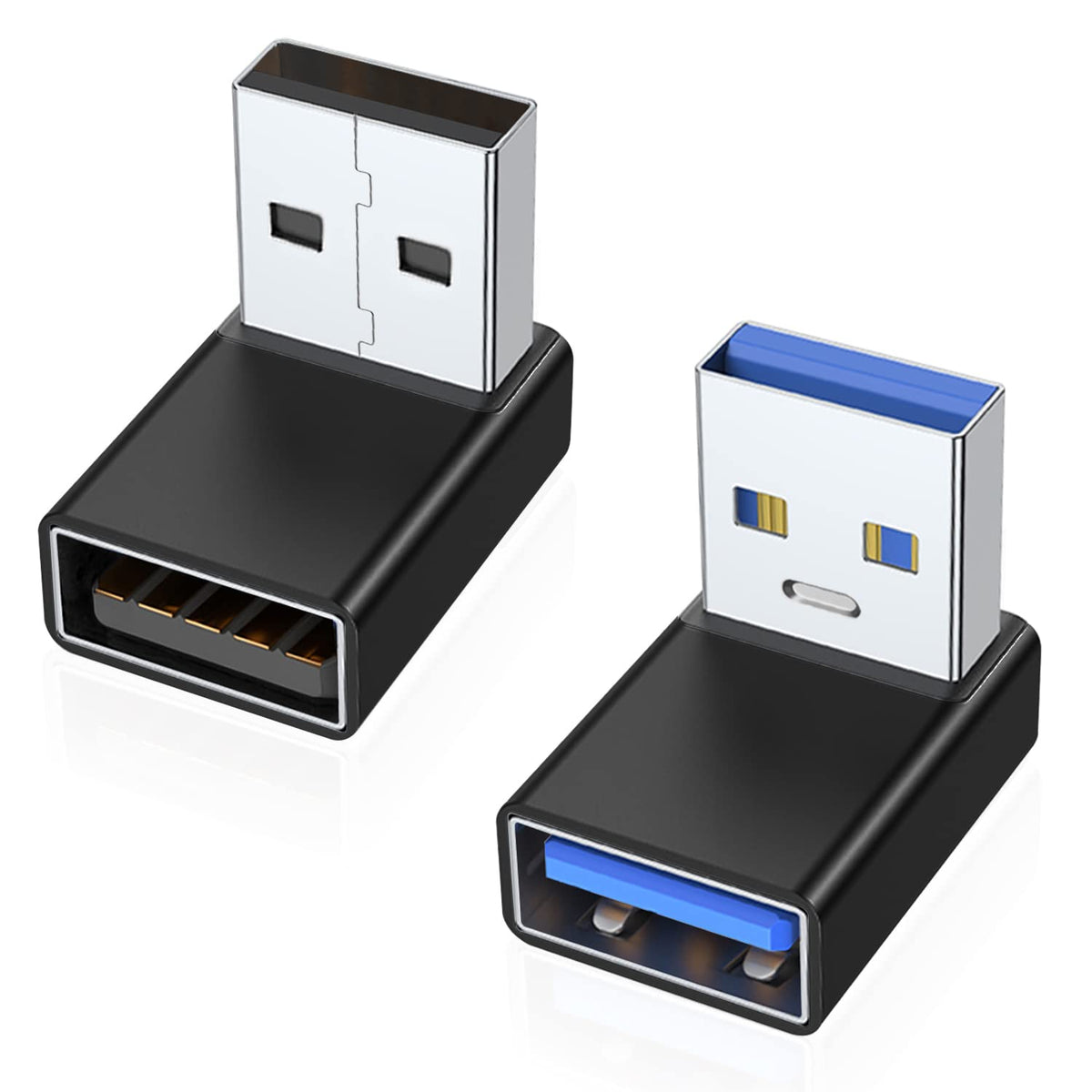 Areme 90 Degree Usb 3.0 Adapter 2 Pack, Up And Down Angle Usb A Male To Female Converter Extender For Pc, Laptop, Usb A Charger, Power Bank And More (Black)