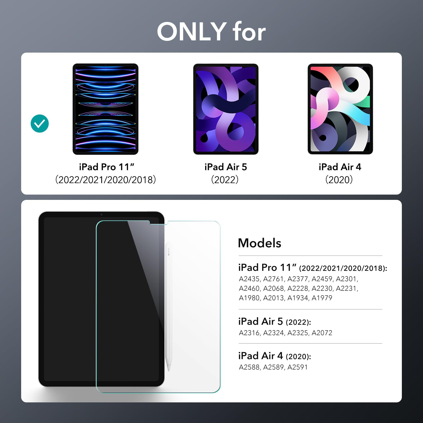 Esr 2 Pack Screen Protector For Ipad Air 5Th/4Th Generation(2022/2020), Ipad Pro 11 Inch (2022/2021/2020/2018) Screen Protector, Tempered Glass Film With Easy Application Tray, Anti Scratch, Hd