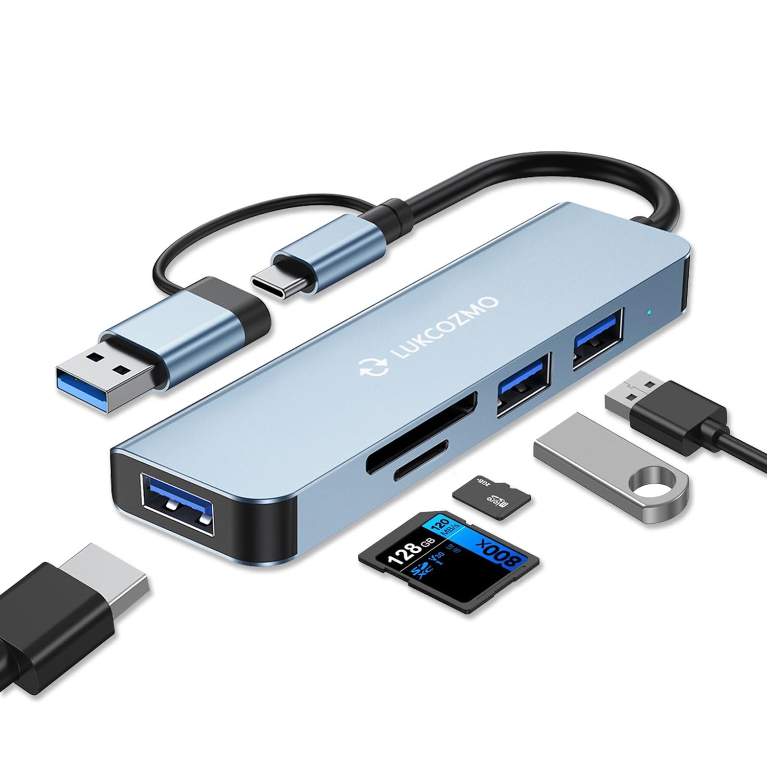 Lukcozmo Usb Hub 5 Ports, Multiple Usb Hub 3.0 & Tf/Sd Card Reader, Usb Splitter 5 In 1 Usb Extender Compatible With Macbook/Pad