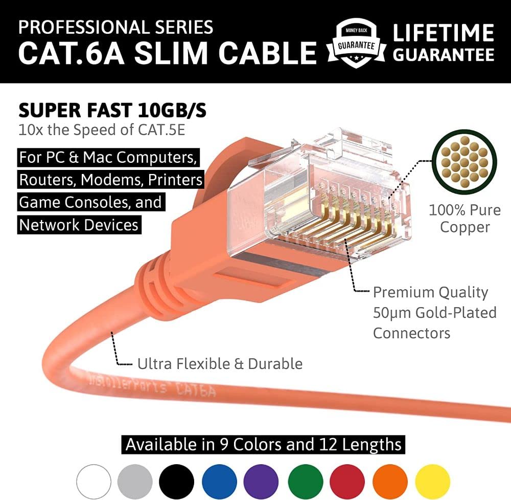 Installerparts Ethernet Cable Cat6A Slim Cable Utp Booted 3 Ft (5 Pack)   Orange   Professional Series   10Gigabit/Sec Network/H