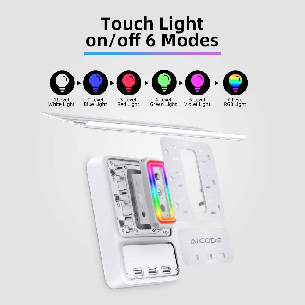 Aicode Socket Outlet Shelf,Wall Outlet,6 Electrical Outlet Splitter With 3 Usb Power Outlet,Surge Outlet Protector Multi Plug Outlet,Charging Shelf,Outlet Expander With 6 Rgb Light For Home