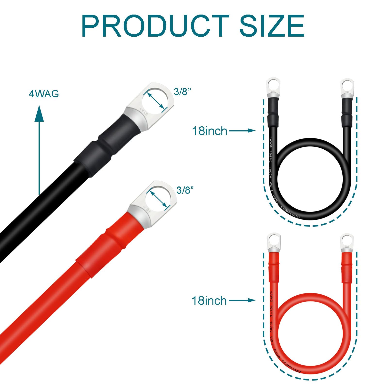 Qiatol Battery Cable, 4 Awg Battery Cables With Terminals, 2Pcs Copper Battery Cables(18Inch).