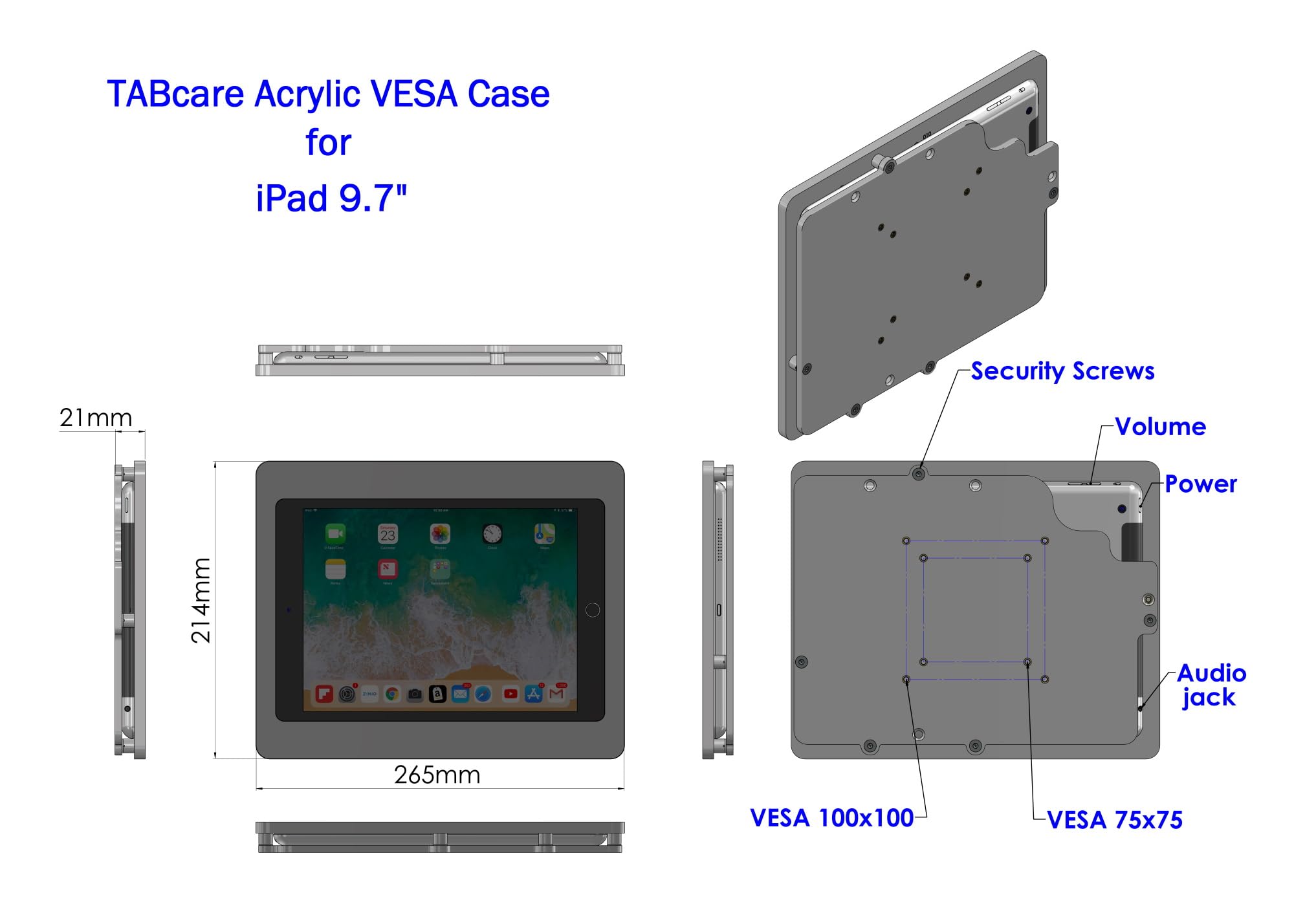 Tabcare Anti Theft Acrylic Vesa Enclosure For Apple Ipad 5/6 9.7' With Free Wall Mount Kit & 90 Degree Angle Charge Cable (Ipad 5/6 9.7', Black)