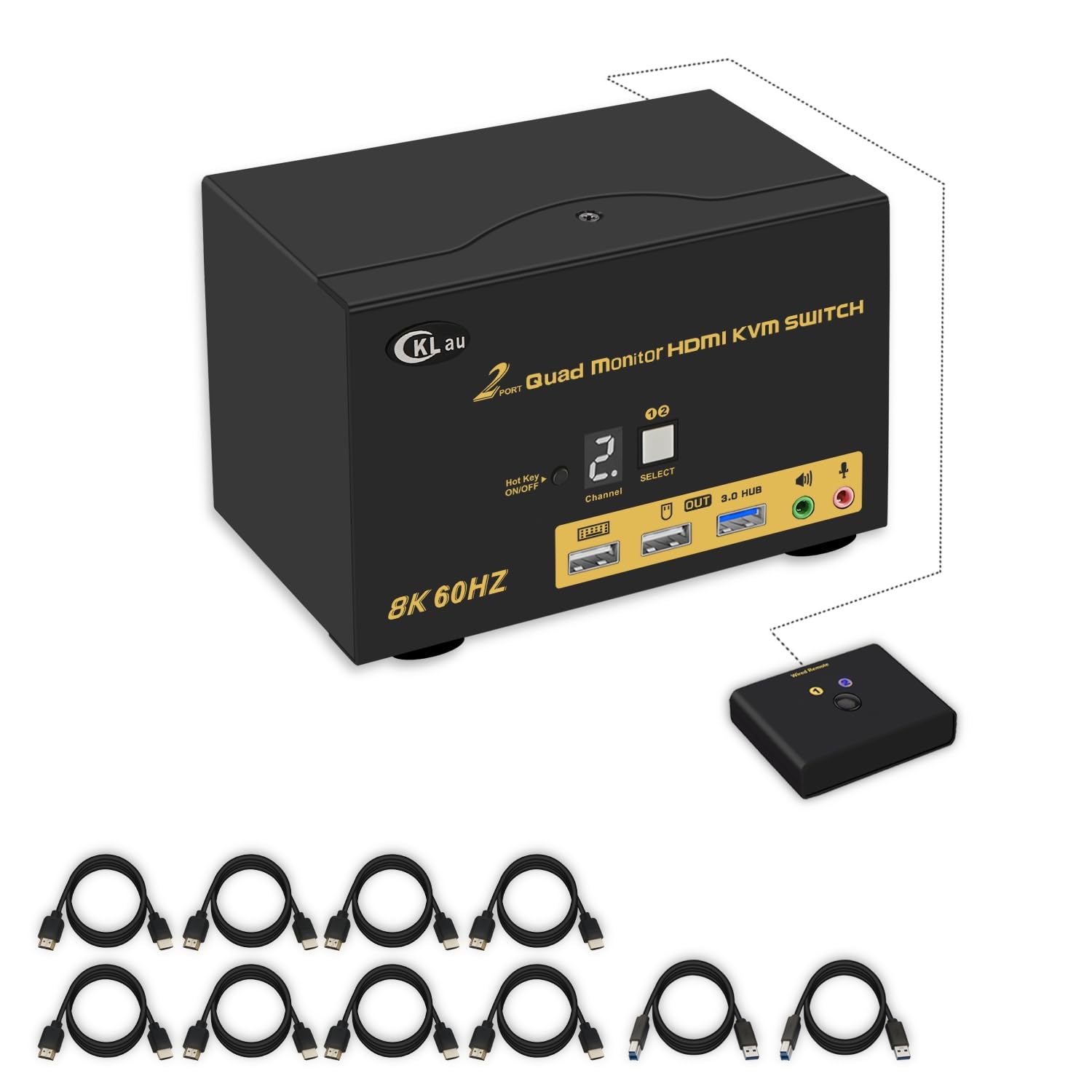 Cklau 2 Port Quad Monitor Hdmi Kvm Switch 8K@60Hz, 4K@144Hz With Cables For 4 Monitors 2 Computers Sharing Video Keyboard Mouse