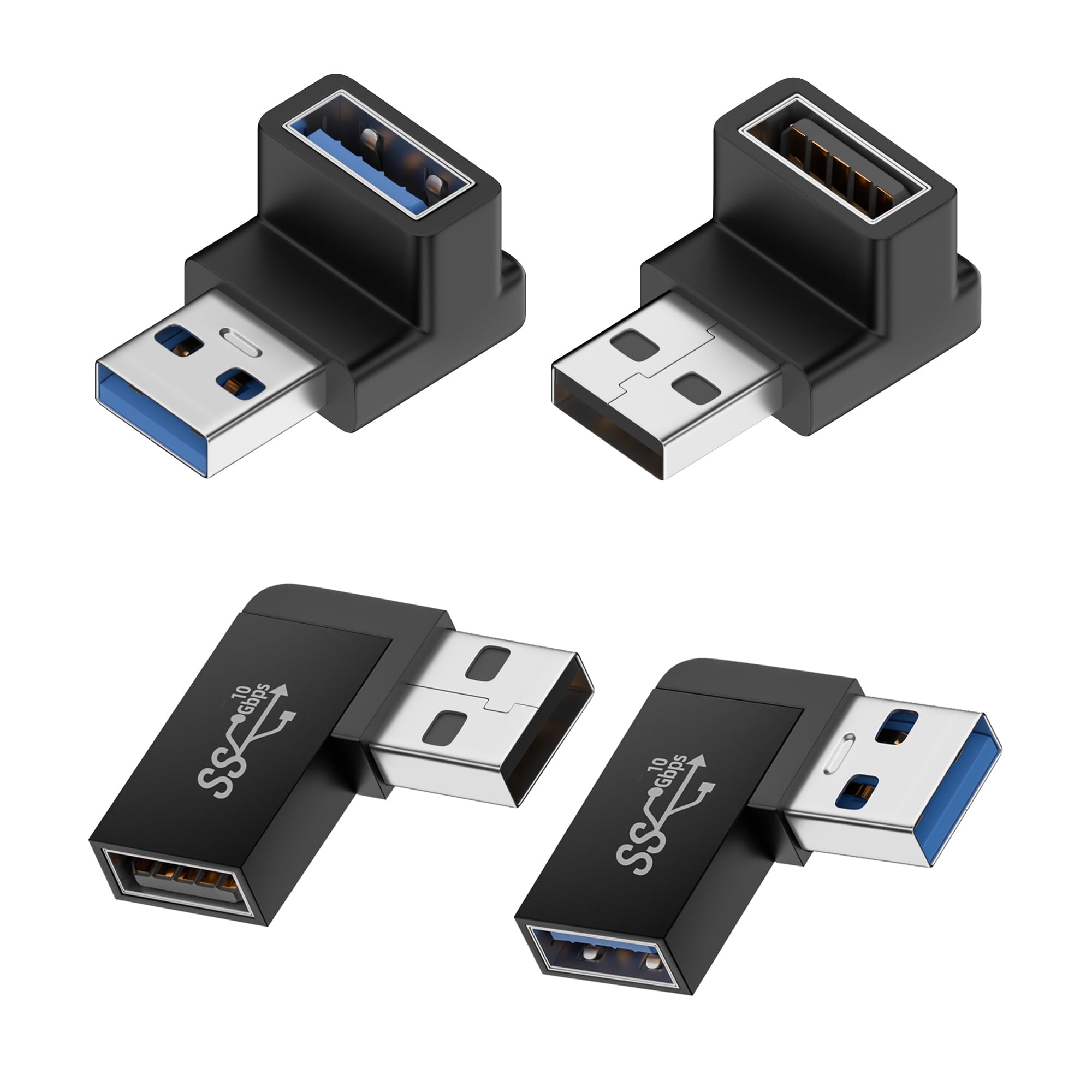 Xsusmdom 90 Degree Usb 3.0 Male To Female Adapter, (4 Pack) Up And Down & Left And Right Angle Usb A Extender Connector For Pc, 