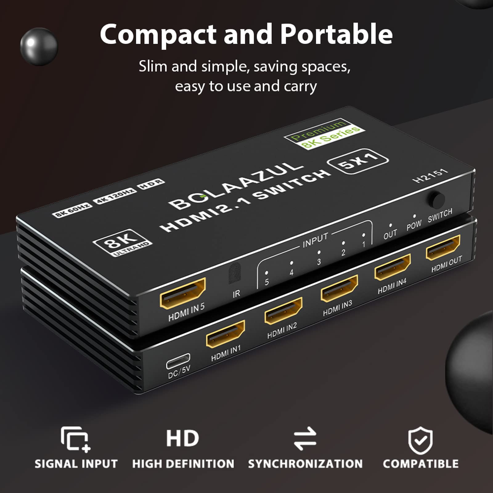 8K Hdmi 2.1 Switch 120Hz 4K 5 In 1 Out, Bolaazul 8K@60Hz Hdmi 2.1 Splitter Switcher Selector Box 5 Port With Remote 4K 120Hz 2K