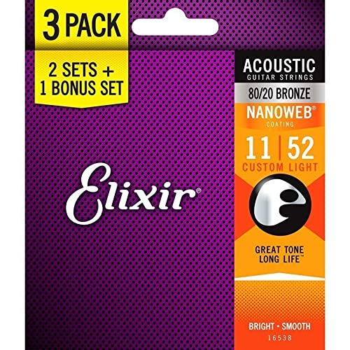 Elixir Strings 80/20 Bronze Acoustic Guitar Strings With Nanoweb Coating, 3 Pack, Custom Light .011 .052 (16538)