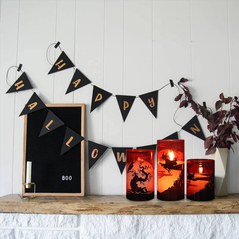 Genswin Halloween Flameless Candles With Witch, Crow Raven, Castle Decals, 3 Pack Battery Operated Candles With Remote Timer, Ha