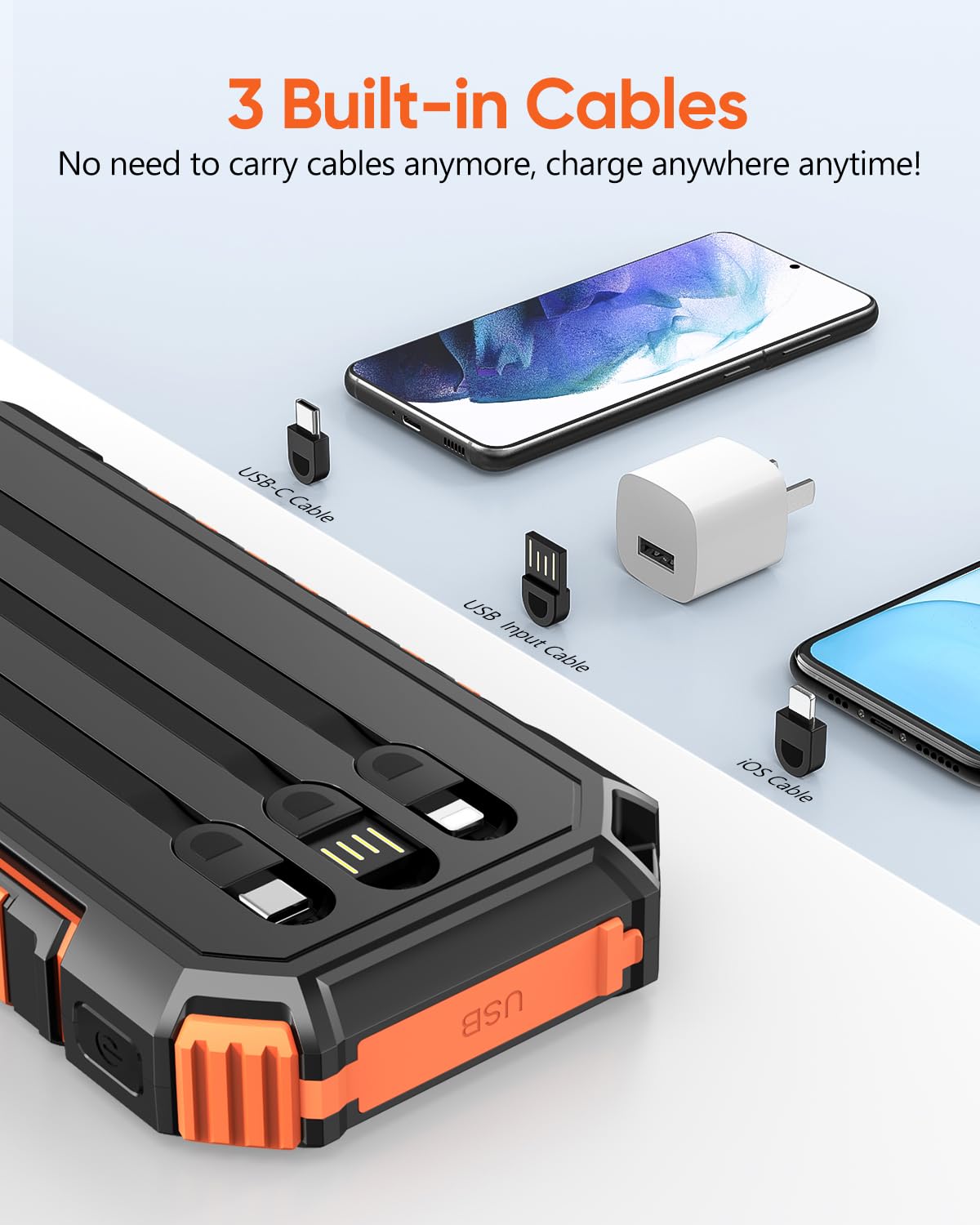 Riapow Solar Charger Power Bank   27000Mah Portable Phone Charger With Built In Usb Cables 3.0A Fast Charge Battery Pack, 5 Outp