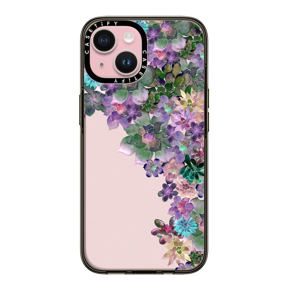 Casetify Compact Case For Iphone 15 [2X Military Grade Drop Tested / 4Ft Drop Protection]   My Succulent Garden   Clear Black