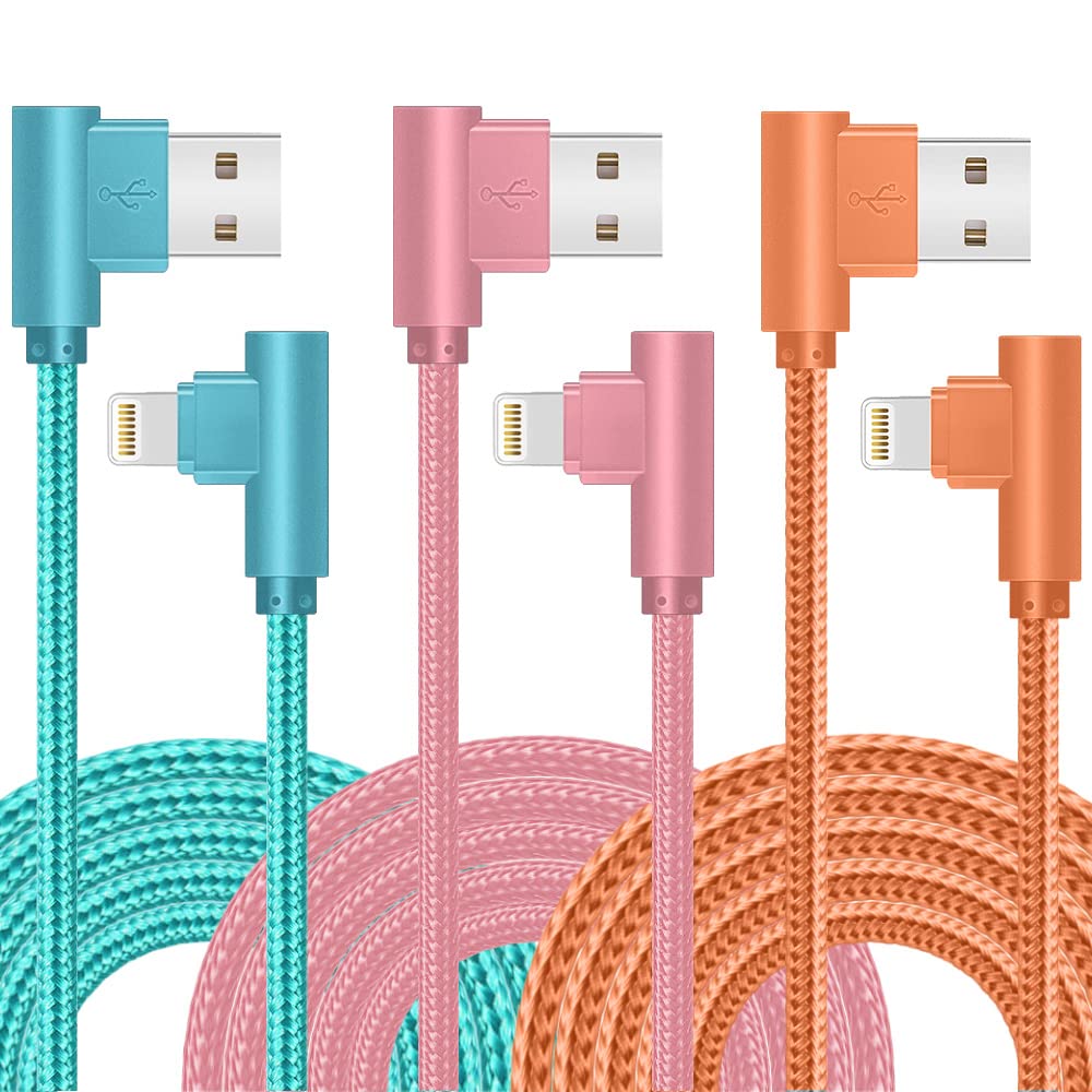 Lightning Cable, 3 Pack 6Ft 90 Degree Charging Cable Mfi Certified Usb Charger Cable Nylon Braided Fast Charging Long Cord Compatible For Iphone 14/13/12/11/X/Max/8/7/6/6S/5/5S/Se/Plus/Ipad (6Ft)