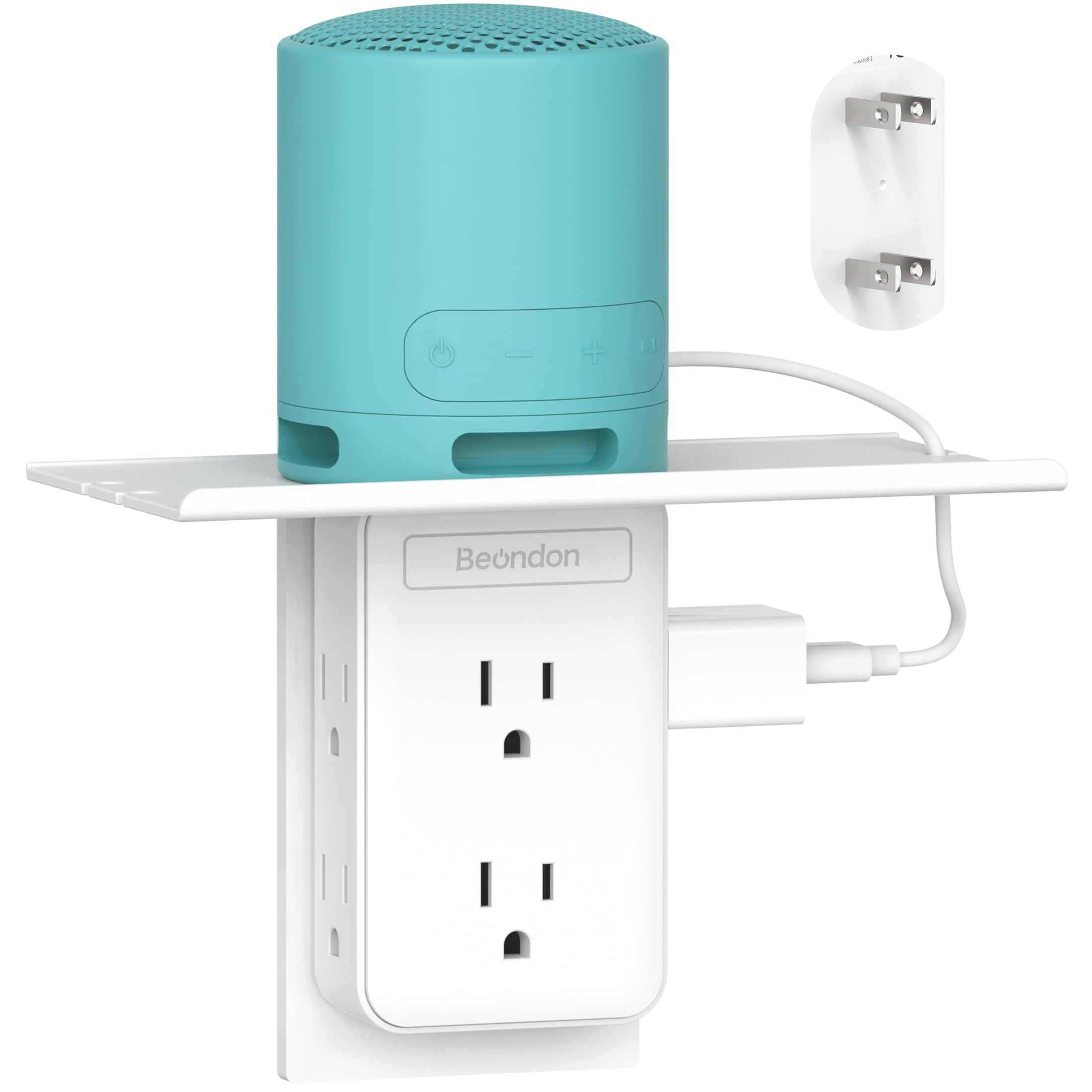 BEONDON Wall Outlet Extender with Shelf, 2 Prong to 3 Prong Outlet Adapter with 6 AC Outlets, 3-Sided Flat Outlet Extender for N
