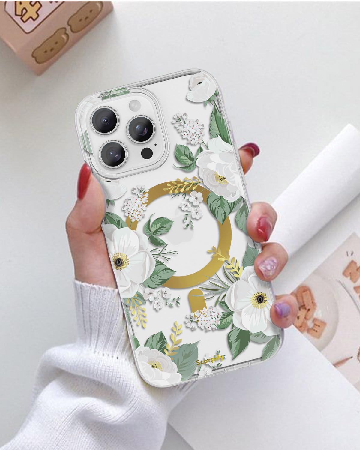 Scorpify For Iphone 16 Pro Max Case [Compatible With Magsafe] With White Rose Floral Design, Cute Clear Flower Magnetic Phone Co