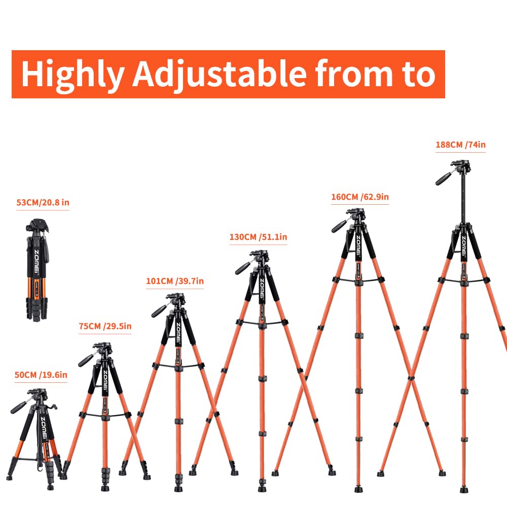 74' Lightweight Camera Tripod Holder For Dslr Slr Camera, Portable Tall Tripod Stand With Carry Bag & Phone Holder(Orange)