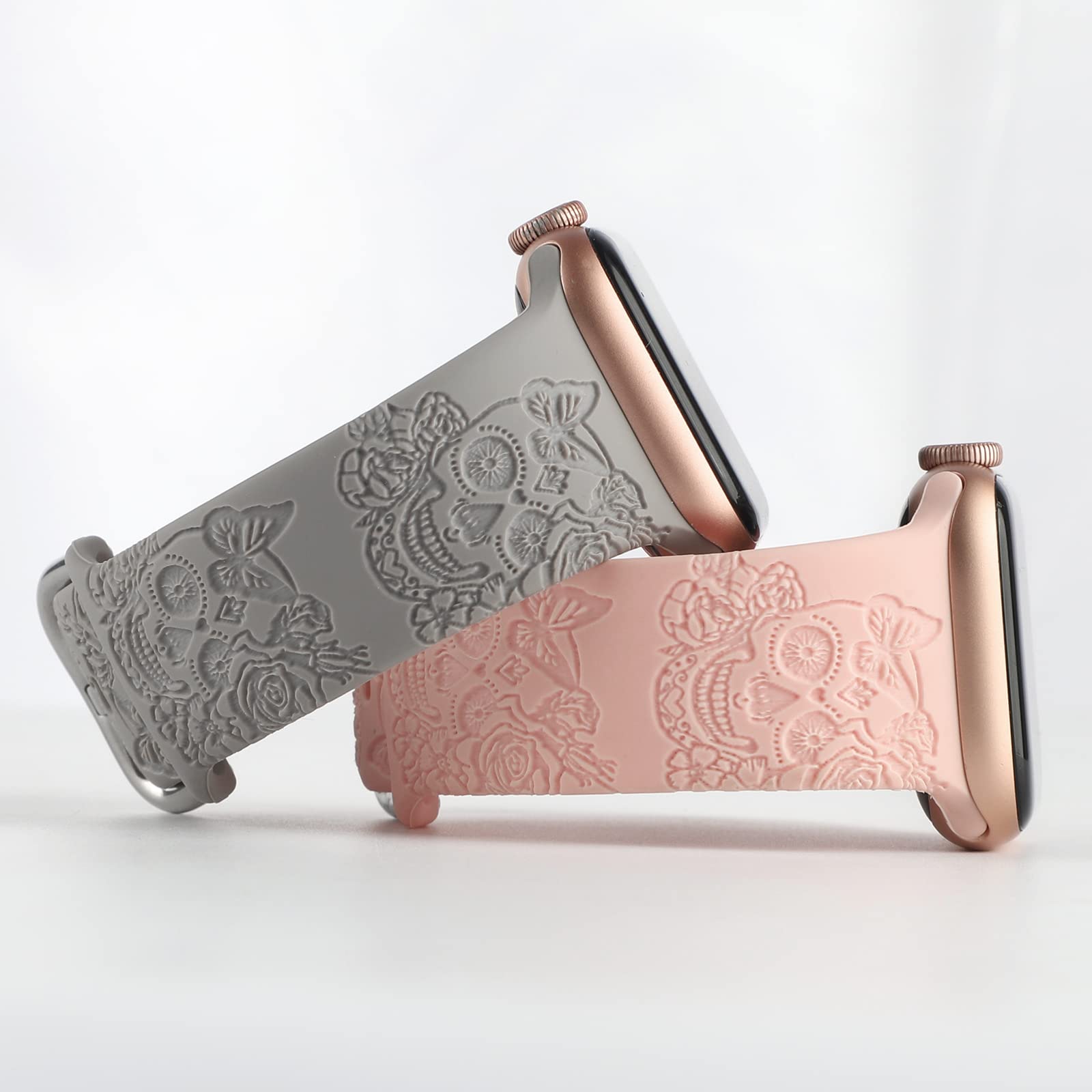 Skull Engraved Design Sport Bands Compatible With Apple Watch Iwatch Bands 40Mm 38Mm 41Mm, Flower Pattern Laser Printed Soft Sil