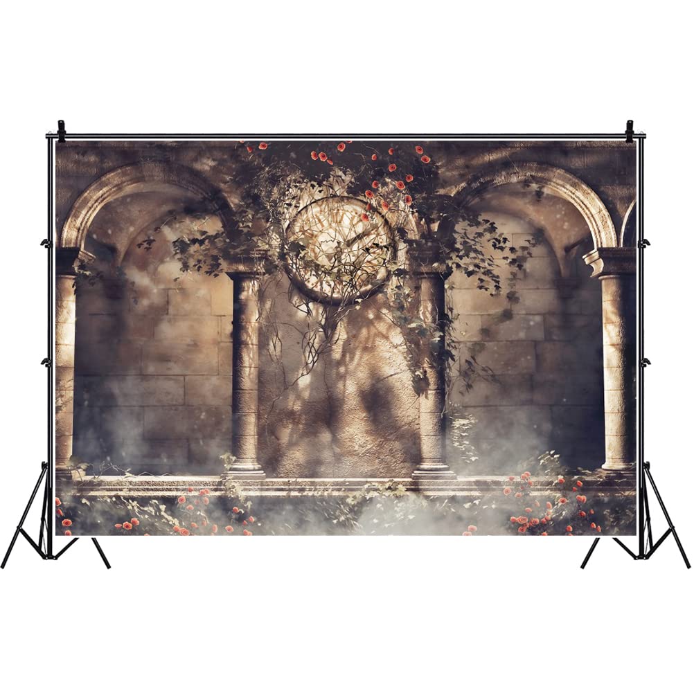 Laeacco Retro Clock Gothic Backdrop 10X8Ft Vinyl Photography Background Rose Ivy Arch Architecture Building Stone Wall Fantasy Scene Wedding Parties Backdrops