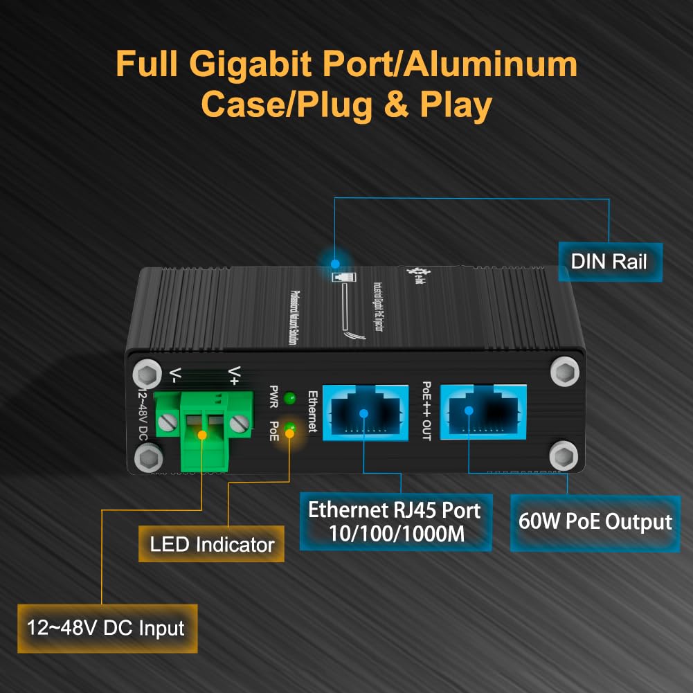 E Link Hardened Industrial Gigabit Poe++ Injector 48Vdc Input Poe++ 60W Up To 100 Meters Output Din  Rail Wall Mount  40C To 80C