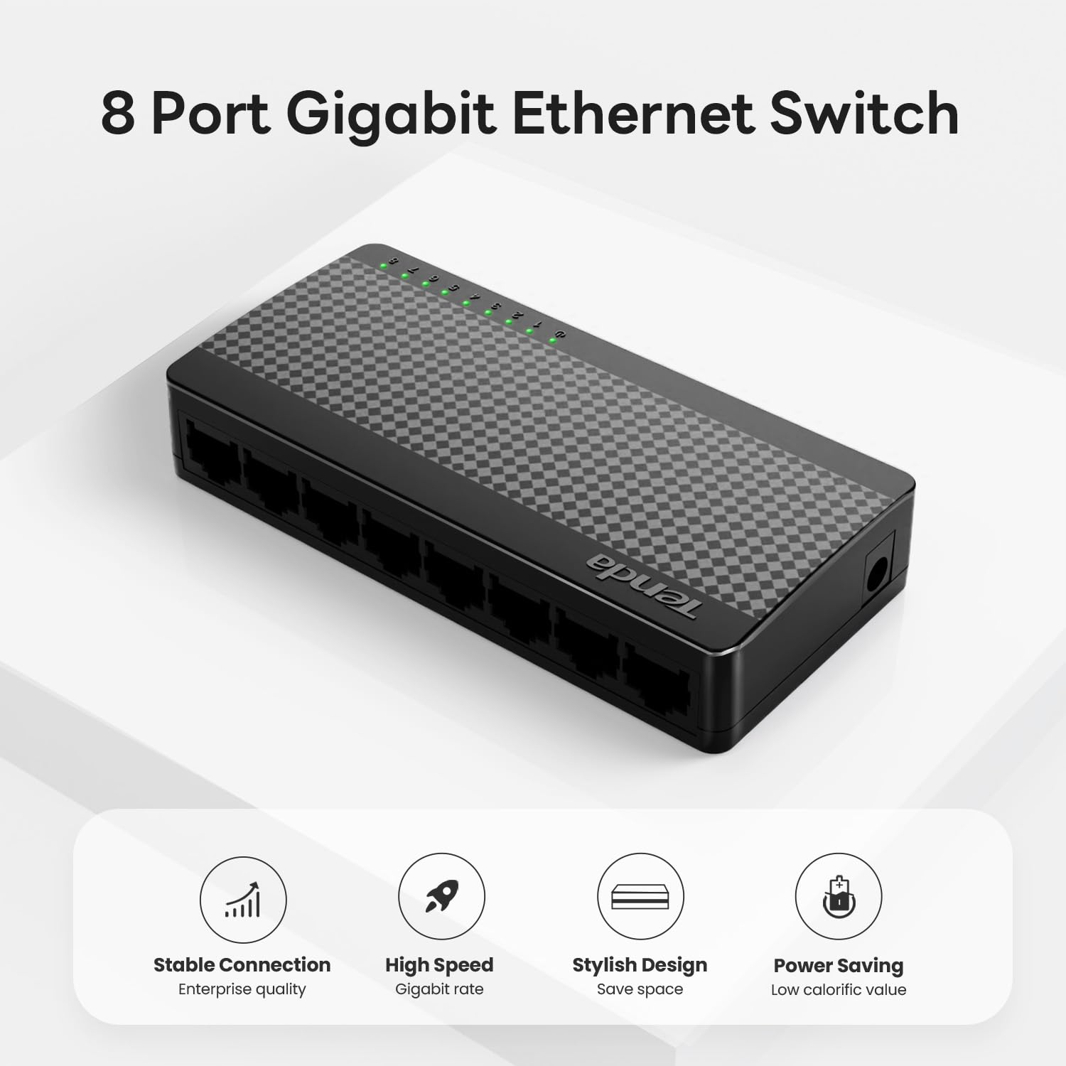 Tenda Sg108, 8 Port Gigabit Switch, Unmanaged Home Ethernet Switch, Office Ethernet Splitter, Plug & Play, Plastic Case, Desktop