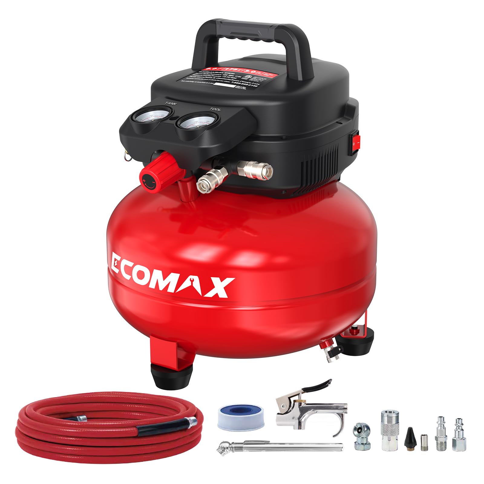 Ecomax Air Compressor 6 Gallon 175 Psi Pancake Portable Oil Free Tank With 10 Pcs Accessories Kit