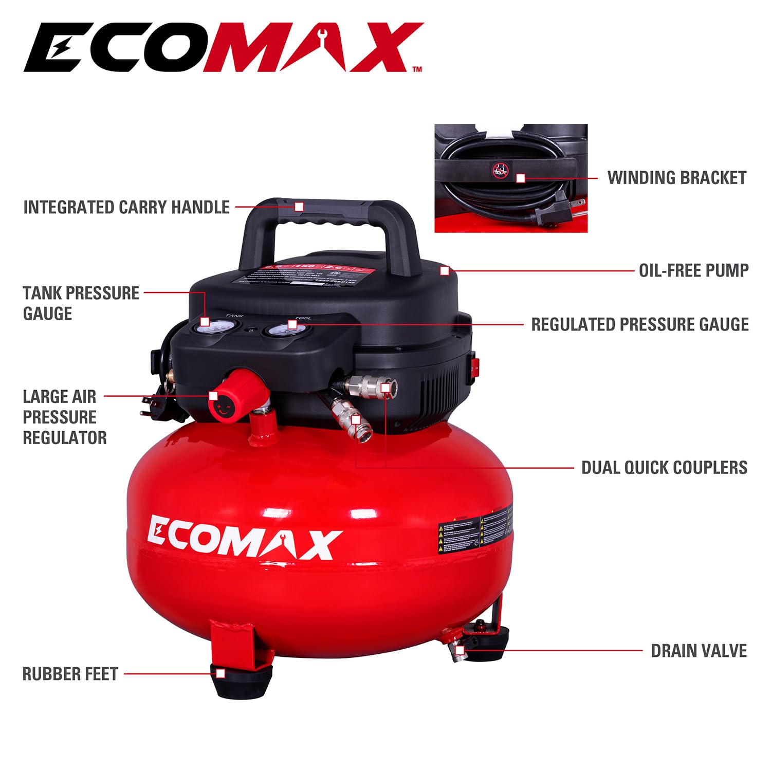 Ecomax Air Compressor, Portable Air Compressor, 6 Gallon, Pancake Air Compressor, Max 150 Psi, 2.6 Cfm @90 Psi, Oil Free Small E