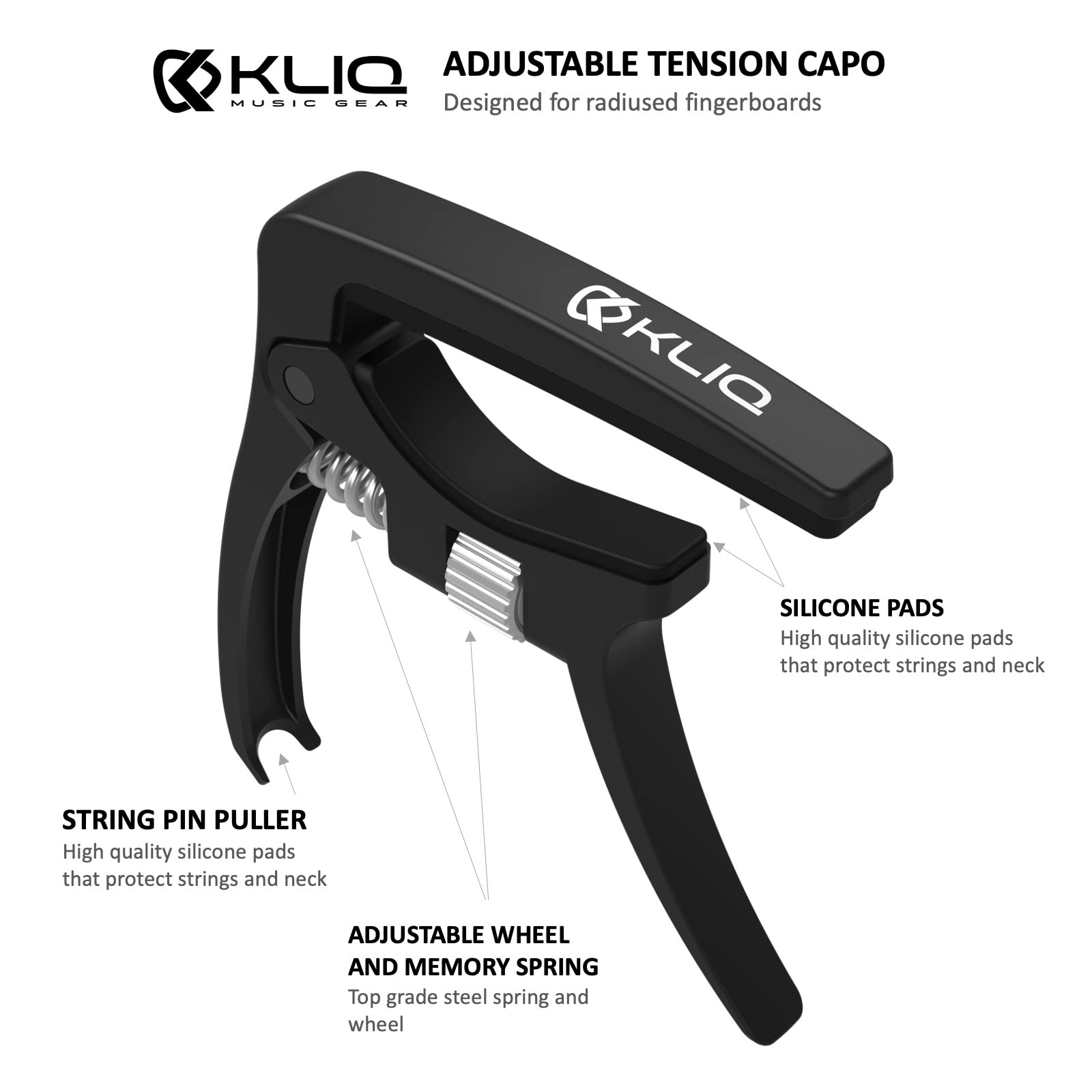 Kliq K-Po Guitar Capo For 6 String Acoustic And Electric Guitars - Spring Loaded Trigger Style (Black Adjustable)