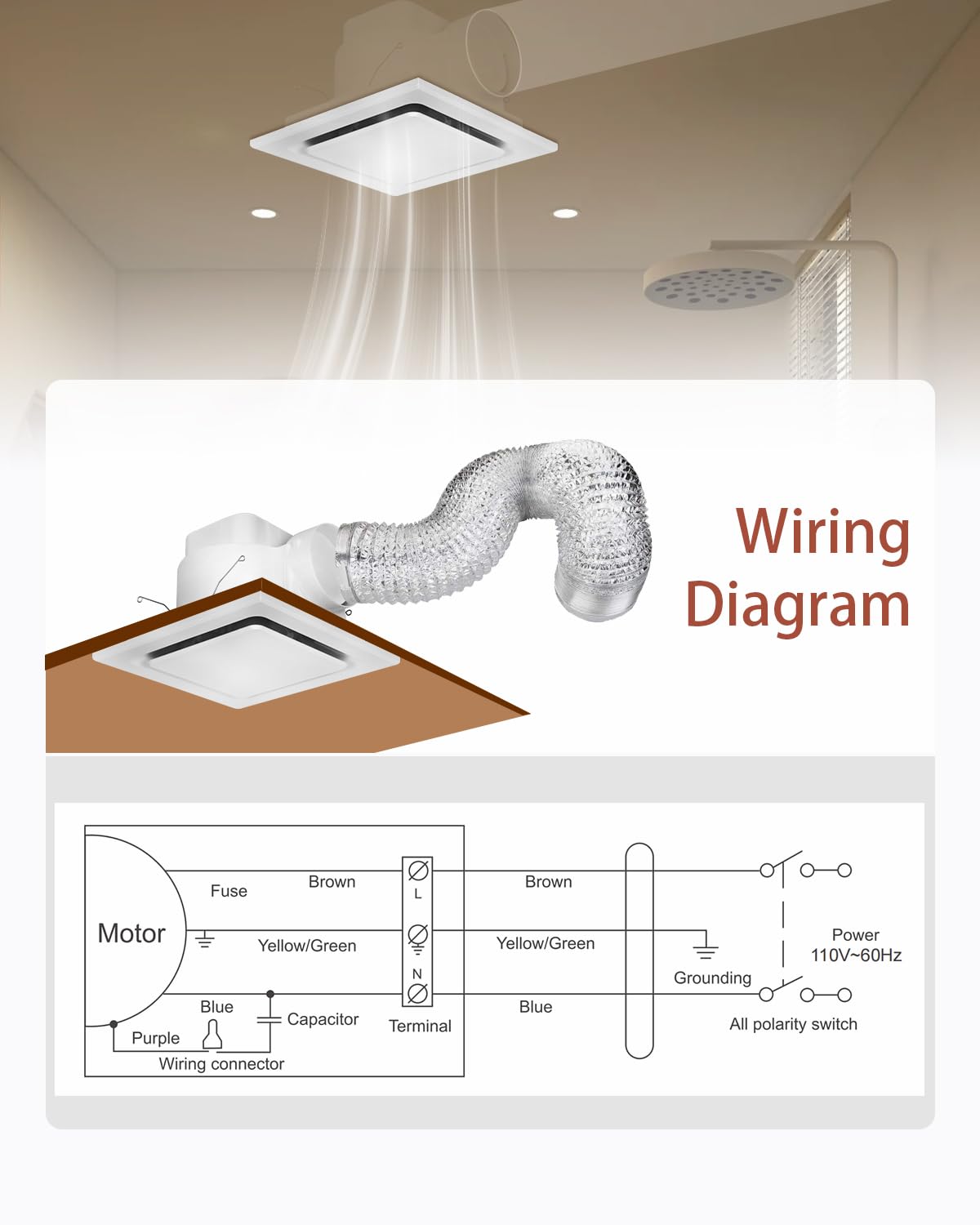 Bathroom Ventilation Fan, 12Inch, Bathroom Exhaust Fan, 140Cfm, Quiet Bathroom Exhaust Fan, 1.0 Sone, For Hotel, Living Room, 4'