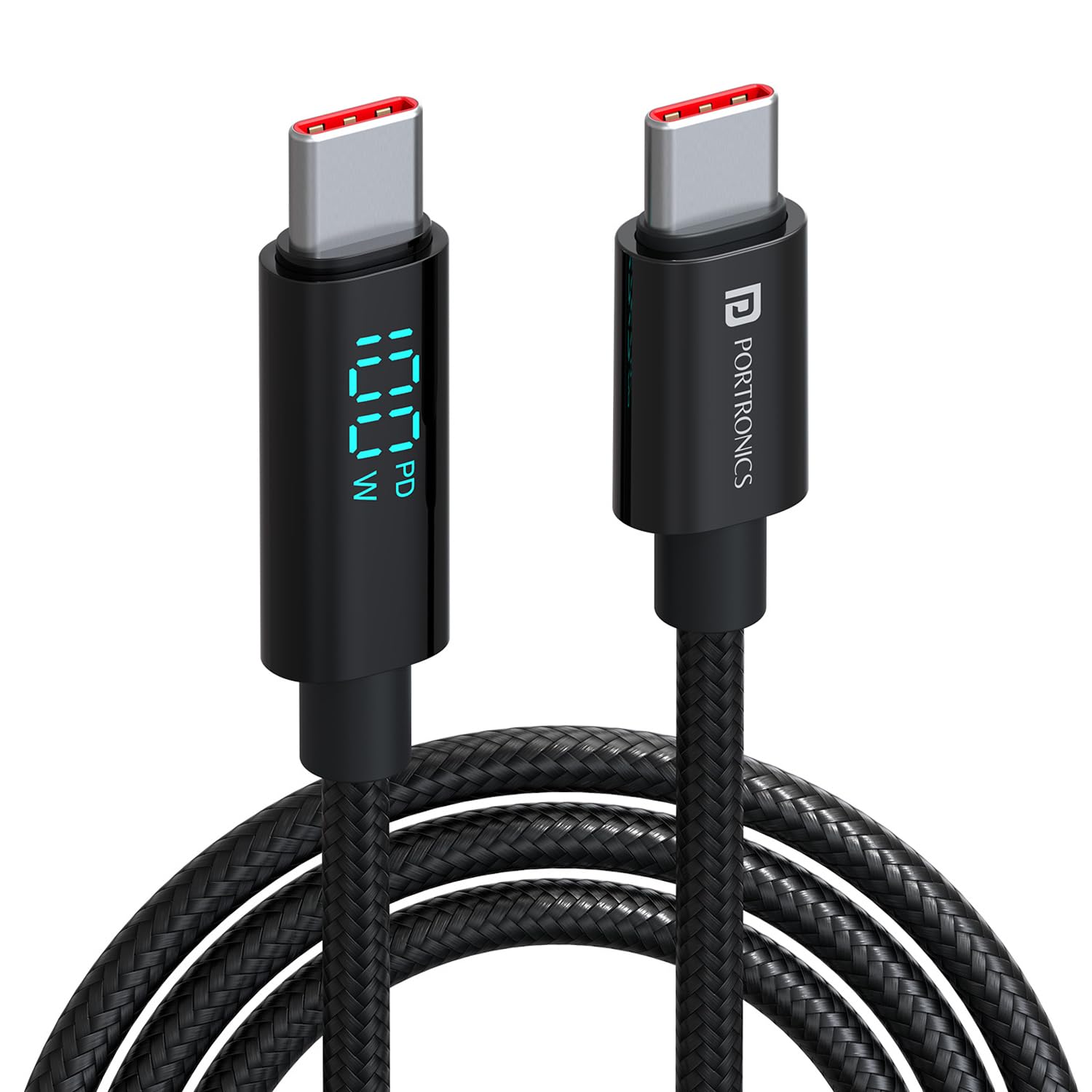 Portronics Konnect View 100W Type C to Type C Cable with LED Display with 5A Max Output, Fast Data Sync, 2M Length, Tangle Resis